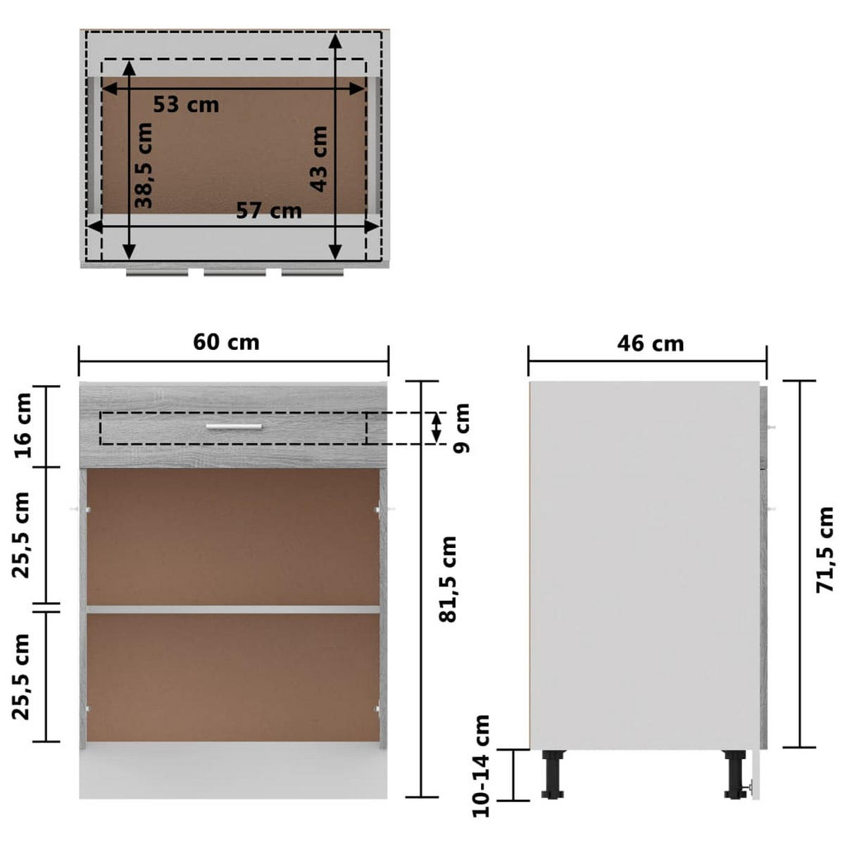UNTERSCHRANK Mit Schublade Lyon Grau Sonoma 60/46/81,5 Cm - Grau, Holzwerkstoff (46/81.5/60cm) - vidaXL