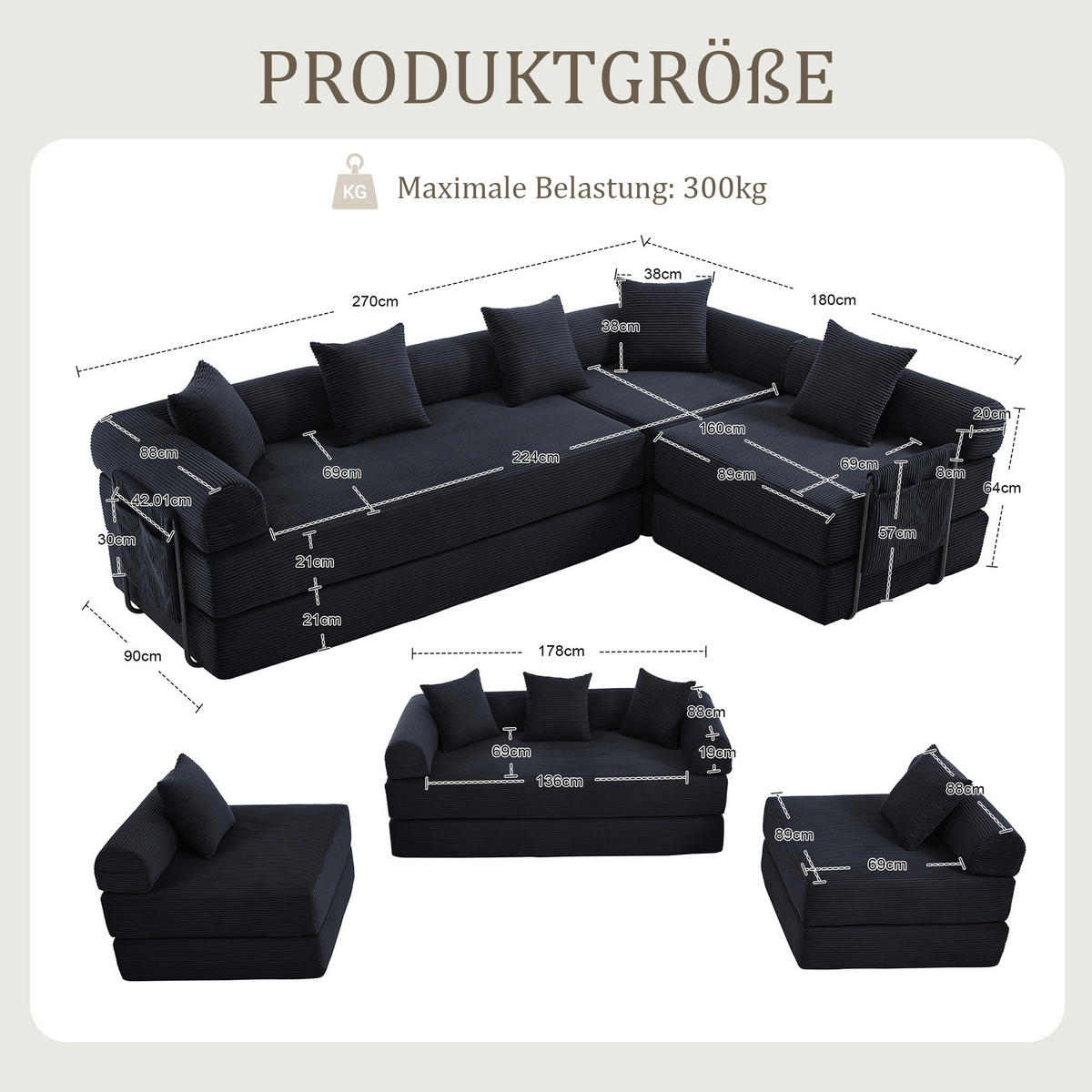 ECKSCHLAFSOFA Modulsofa,Fünfsitzer mit Schlaffunktion,kombinierbar,Cord,Schwarz - Schwarz, Textil (270/180cm) - LVHOM