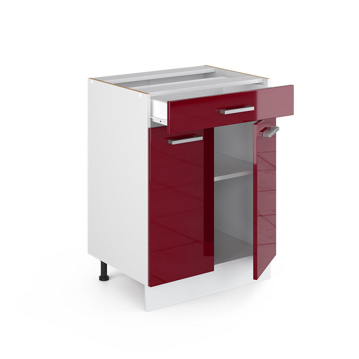 UNTERSCHRANK R-Line Bordeaux Hochglanz 60 cm mit Schubladen, ohne AP - Bordeaux/Weiß, Holzwerkstoff (60/81.6/46cm) - Vicco