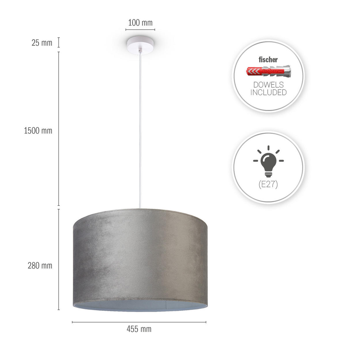 PENDELLEUCHTE Hugo Pd1 - Grau, Metall (45.5/45.5/28cm) - Paco Home