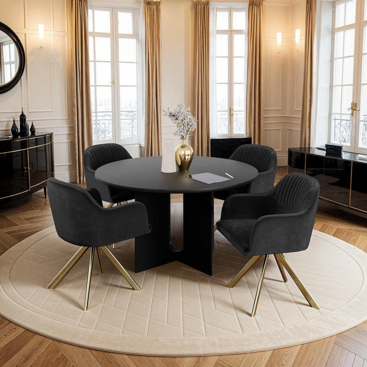 DREHSTUHL 4er Set Lona 56 x 59 x 81 cm schwarz/gold - Goldfarben/Schwarz, Textil (56/81/59cm) - tectake