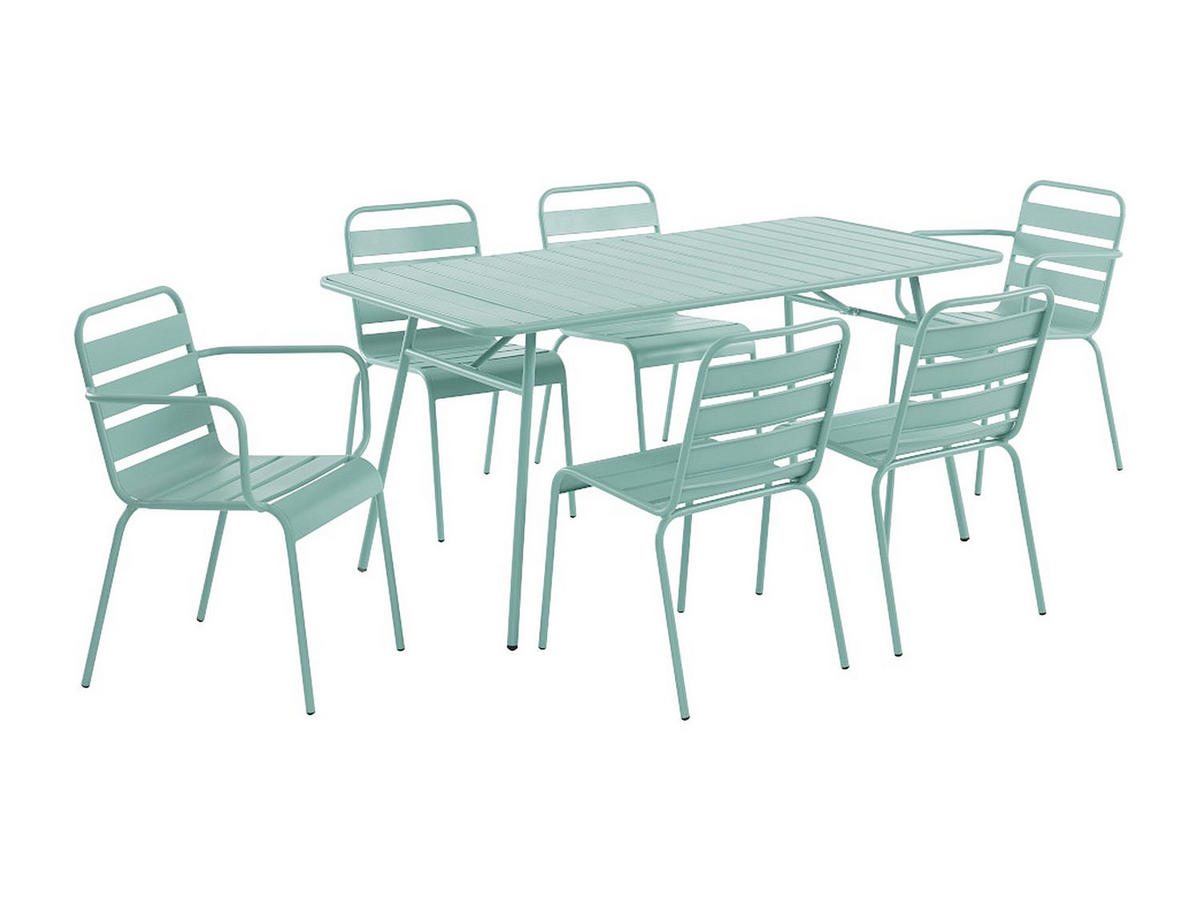 GARTEN-ESSGRUPPE: Tisch D. 160 cm + 2 stapelbare Sessel + 4 stapelbare Stühle - Metall - Mandelgrün - MIRMANDE von MYLIA - Grün, Metall - Vente-Unique
