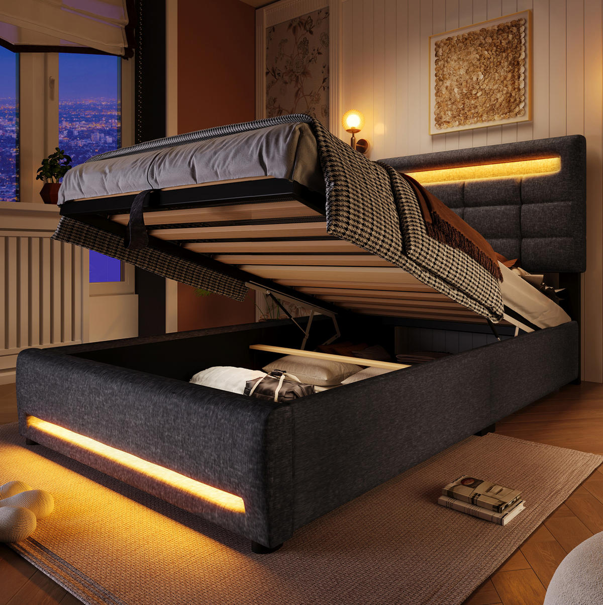 POLSTERBETT 90/200 cm mit LED-Beleuchtung, App-Steuerung, USB-Anschluss und hydraulischem Stauraum, Grau - Grau, Textil (90/200cm) - Redom