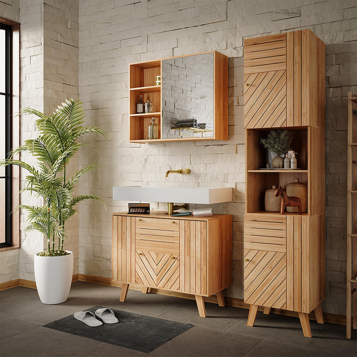 BADMÖBEL-SET Lucie Bambus 3 Teile - Grün, Holzwerkstoff (80/65/36cm) - Vicco