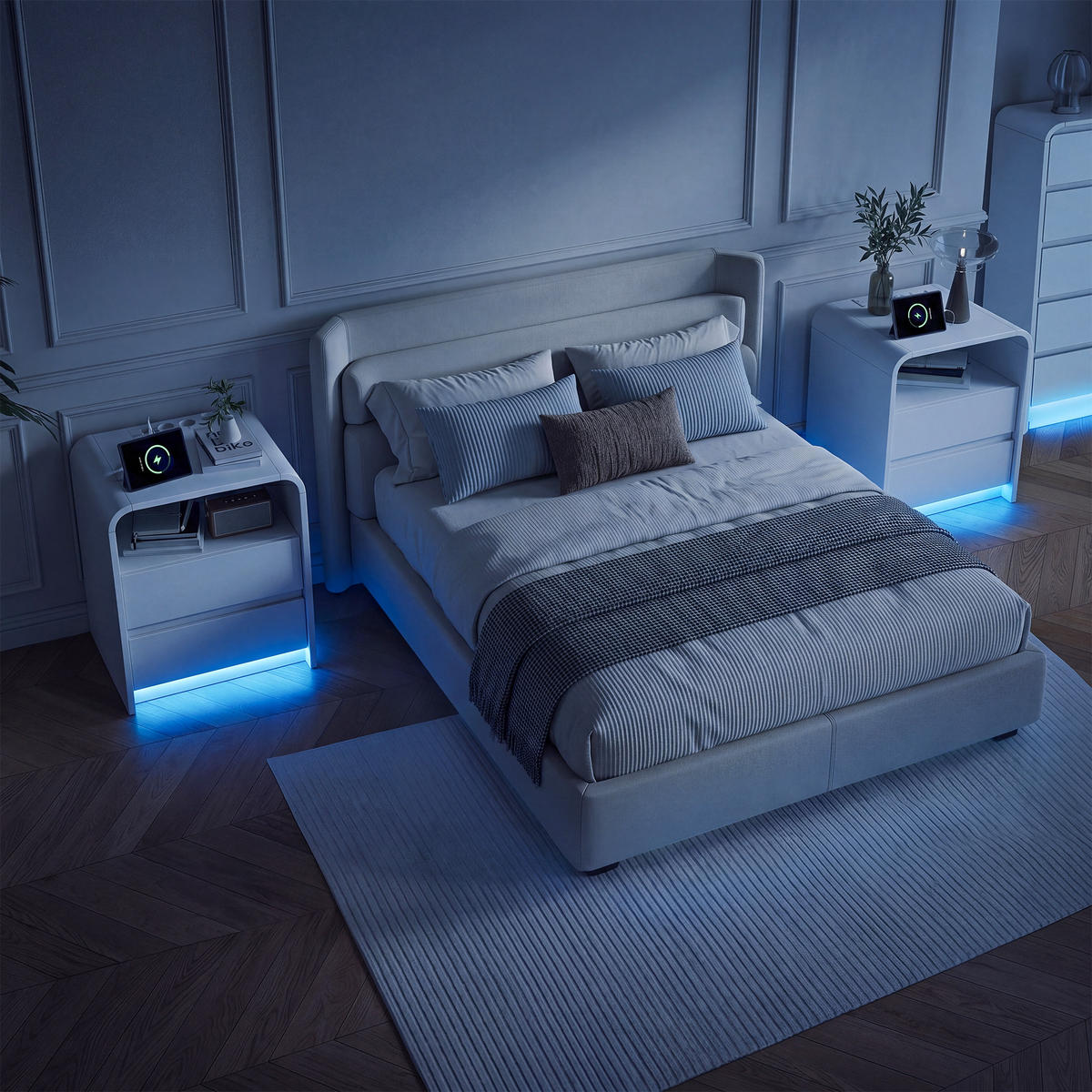 NACHTSCHRANK 2er Set, 45/40/57 cm, mit 2 Schubladen & LED-Beleuchtung, in Weiß, mit Steckdose, USB & Type-C, Nachttisch Schlafzimmer - Weiß, Holz (40/57/45cm) - BPKADHY