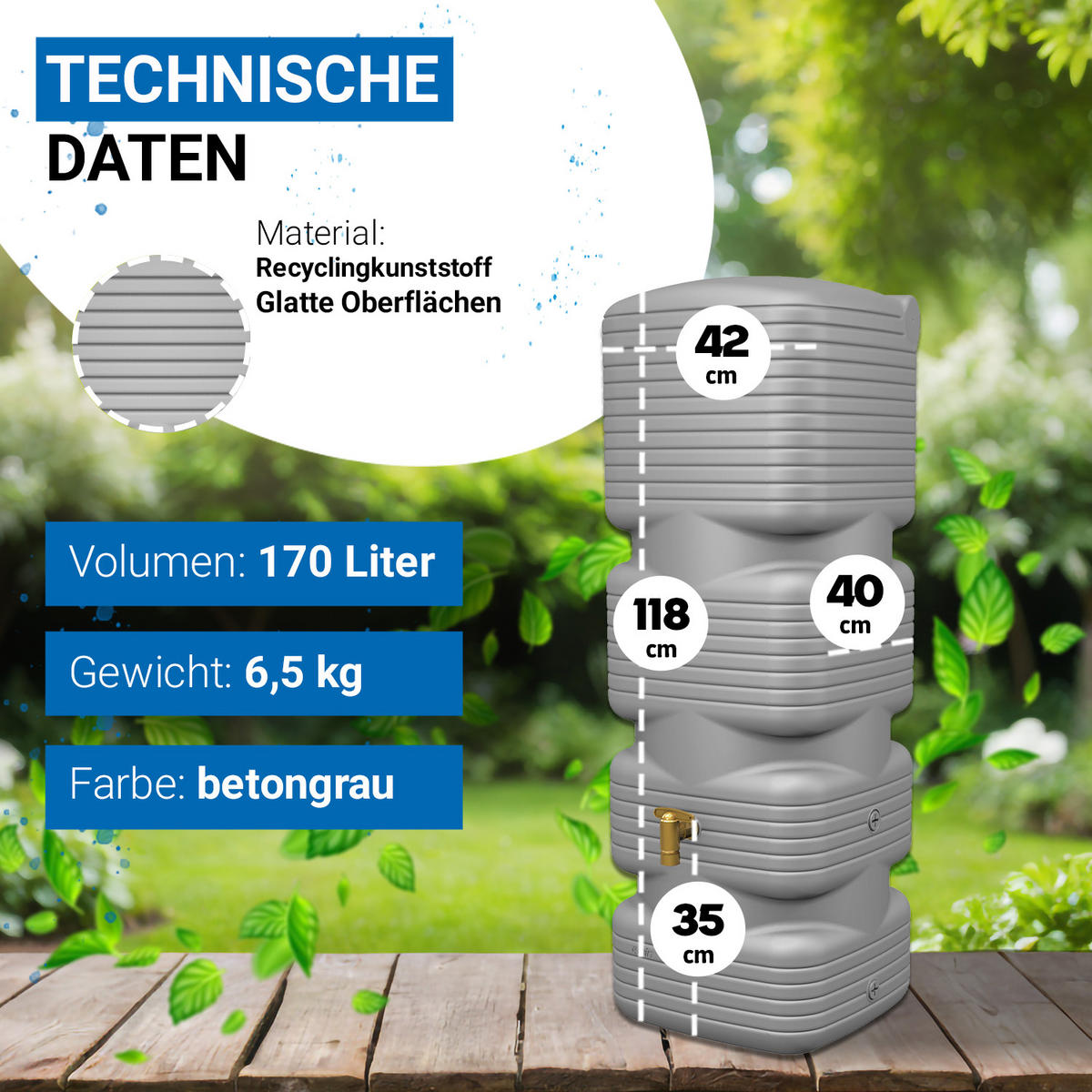 WANDTANK Komplett-Set 170 L betongrau inkl. Kunststoff-Auslaufhahn und Fallrohranschluss - Grau, Kunststoff (40/118/42cm) - 4rain