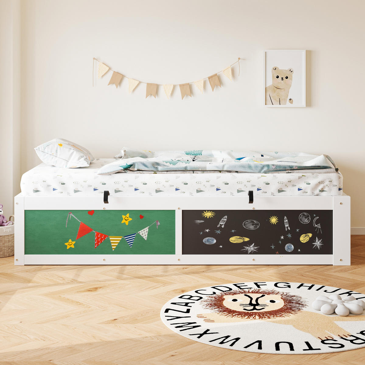 KINDERBETT 90/200 cm Weiß mit hydraulischem Stauraum und Kreidetafel - Weiß, Holzwerkstoff (90/200cm) - OKWISH