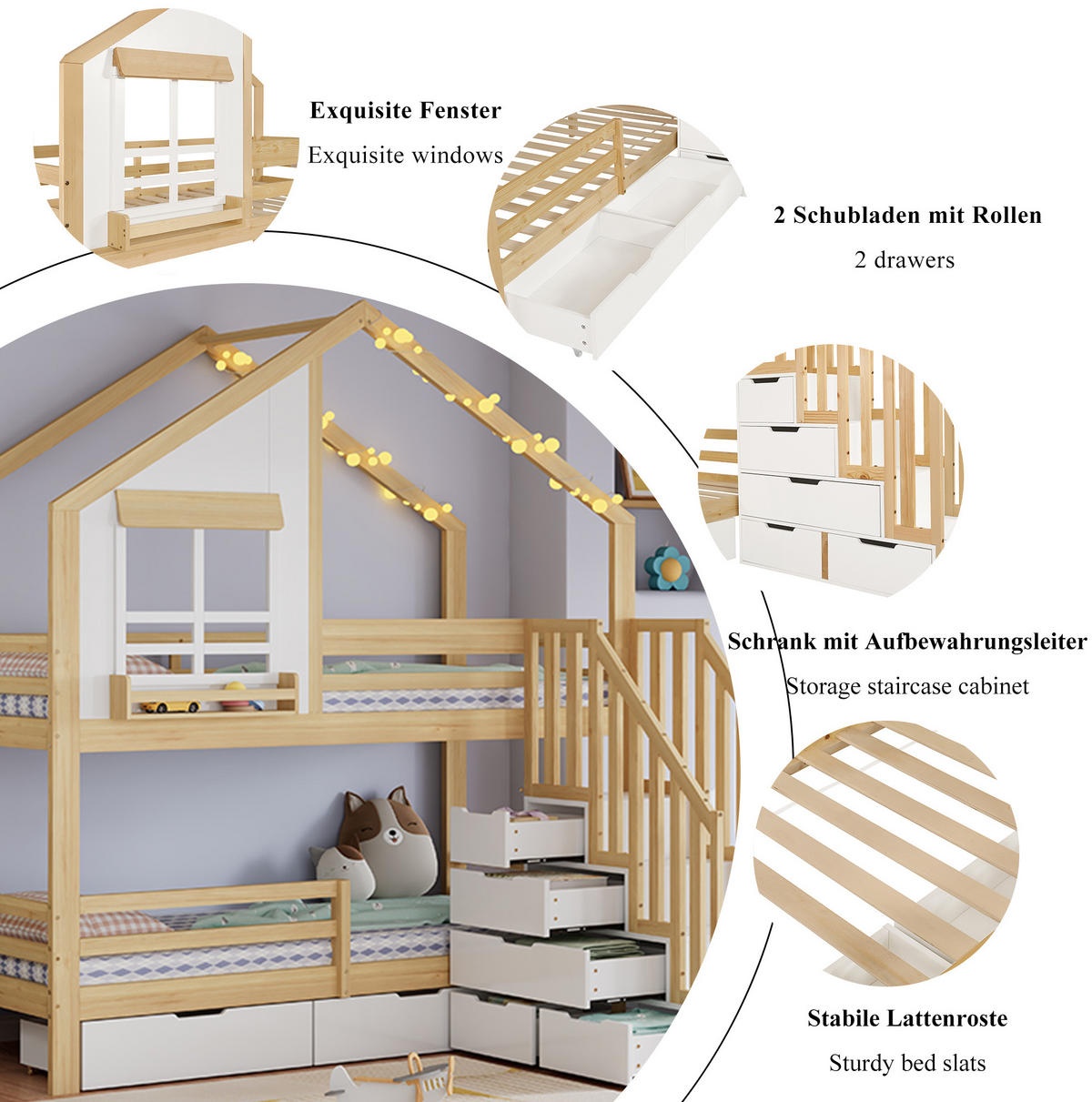 ETAGENBETT 90x200 cm in Weiß/Natur mit Stauraumtreppe und Rollschubladen - Weiß, Holz (90/200cm) - IVMEU