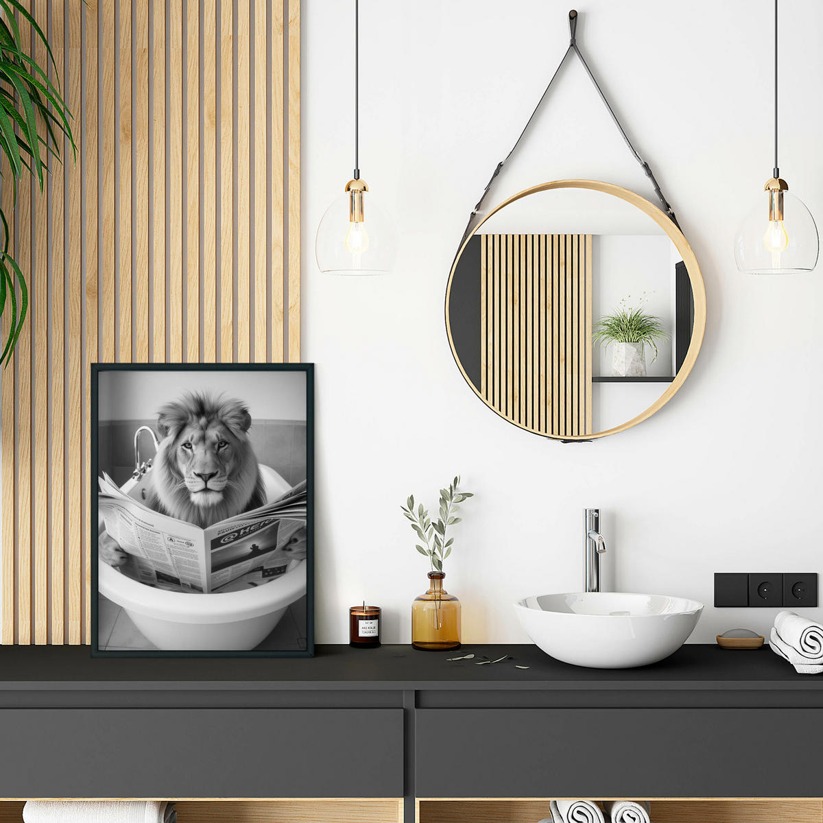 POSTER für WC Badezimmer LÖWE in der Badewanne Schwarz-Weiß Abstraktion 30x40cm - Schwarz/Weiß, Papier (30/40/40cm) - Muralo