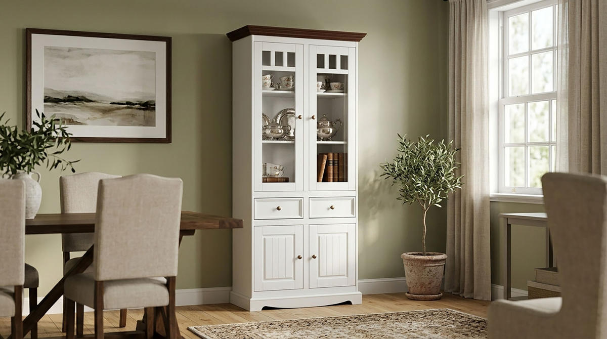 VITRINE Belluno Elegante Kiefer weiß (RAL9010) lackiert / Kiefer gebeizt, Nussbaumfarben 89 / 44 / 190cm - Nussbaumfarben/Weiß, Holz/Holzwerkstoff (89/190/44cm) - Feldmann-Wohnen