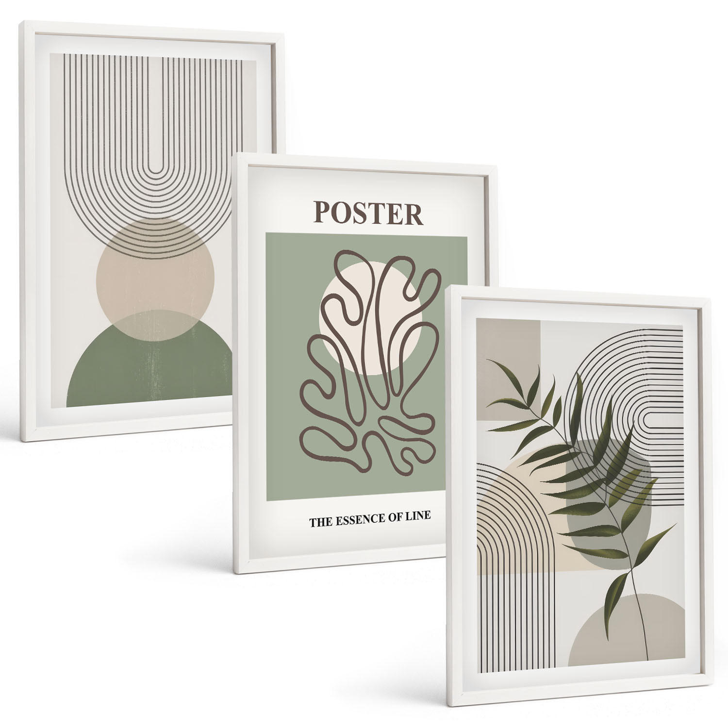 BILDER SET 3er Set - 40x60 cm Weißer Rahmen - Geometrische botanische Muster - Weiß, Kunststoff (40/60cm) - TULUP