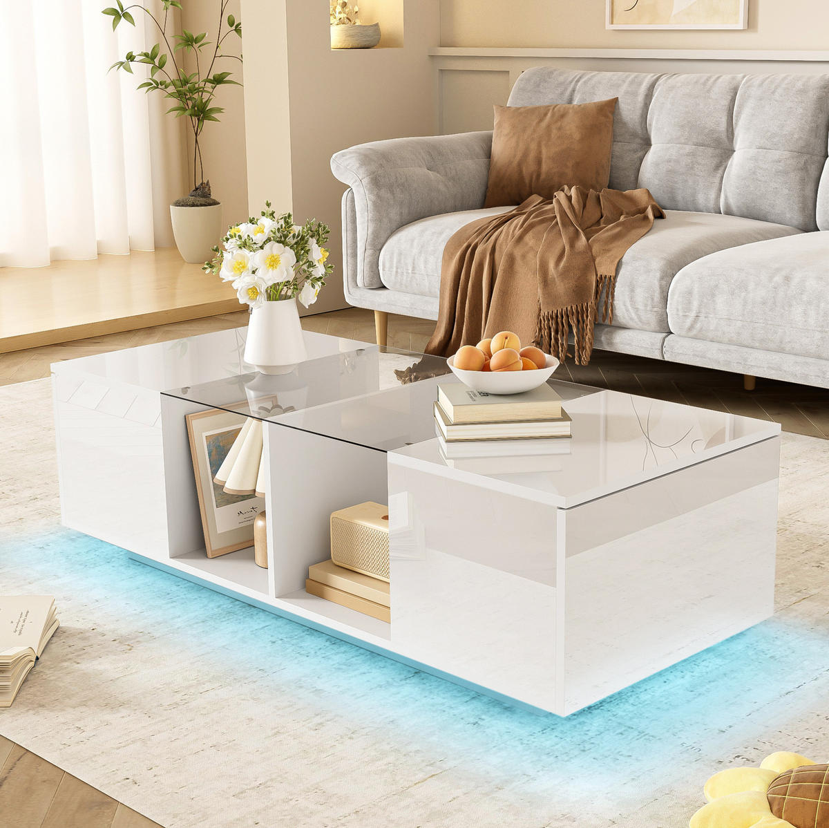 COUCHTISCH 120/50/38.5 cm weiß aus Glas und MDF mit LED-Beleuchtung - Weiß, Holzwerkstoff (120/50/38.5cm) - OKMYHOME