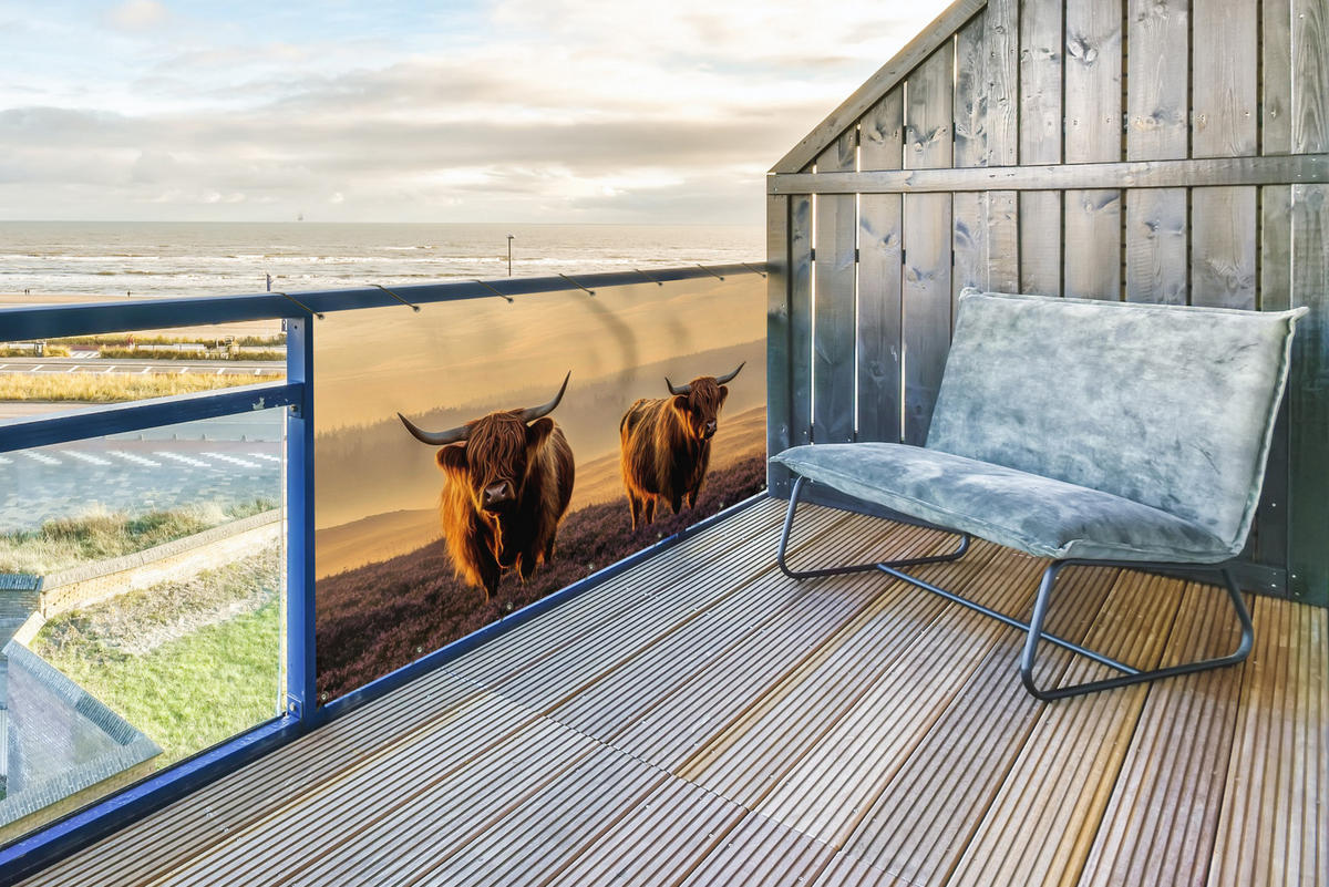 BALKON-SICHTSCHUTZ Schottische Hochlandbewohner - Heide - Landschaft - Tiere - Cognac, Kunststoff (200/90cm) - MuchoWow