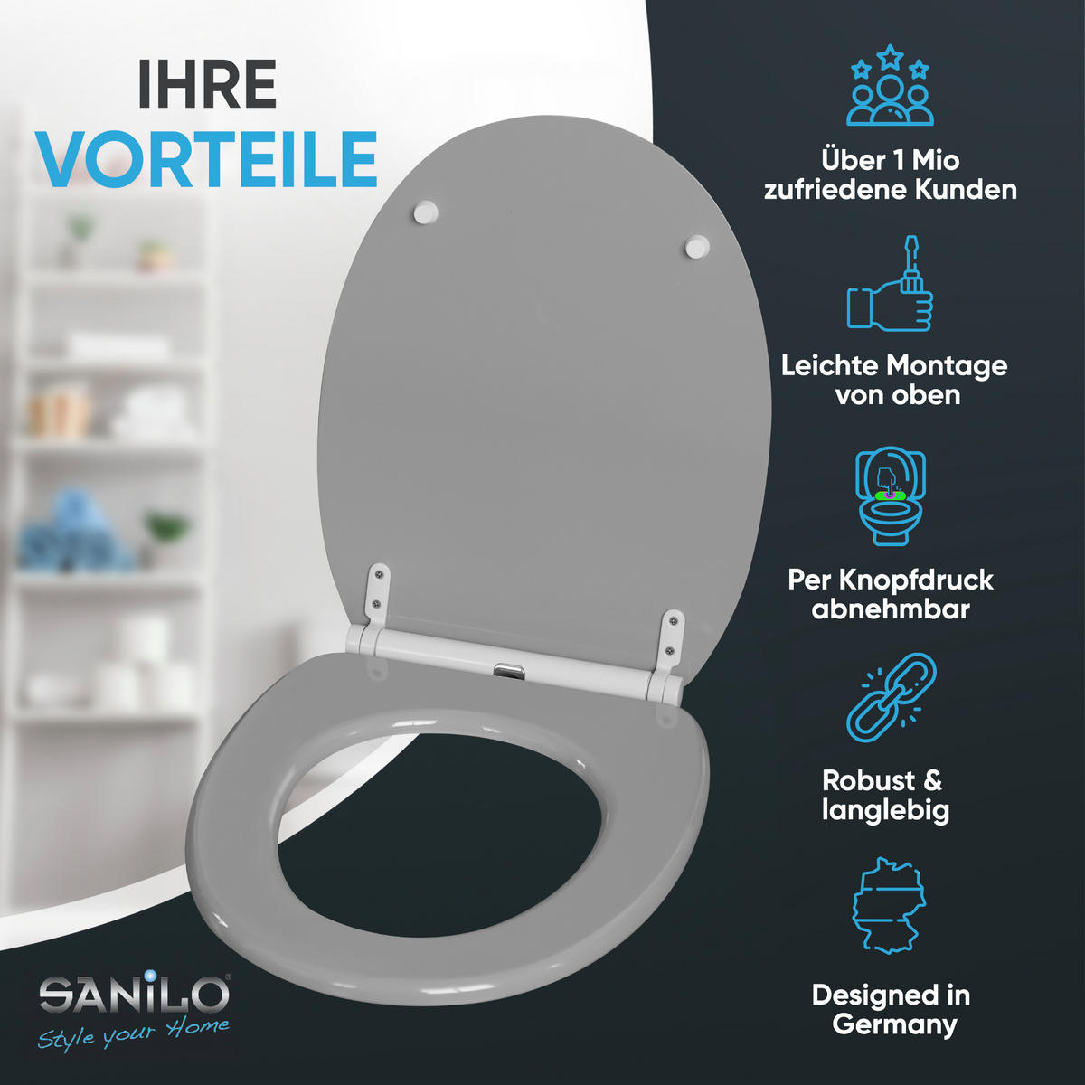 WC-SITZ mit Absenkautomatik & Top Fix Manhattan Grau - Grau, Holzwerkstoff (37.7/5.5/48cm) - Sanilo