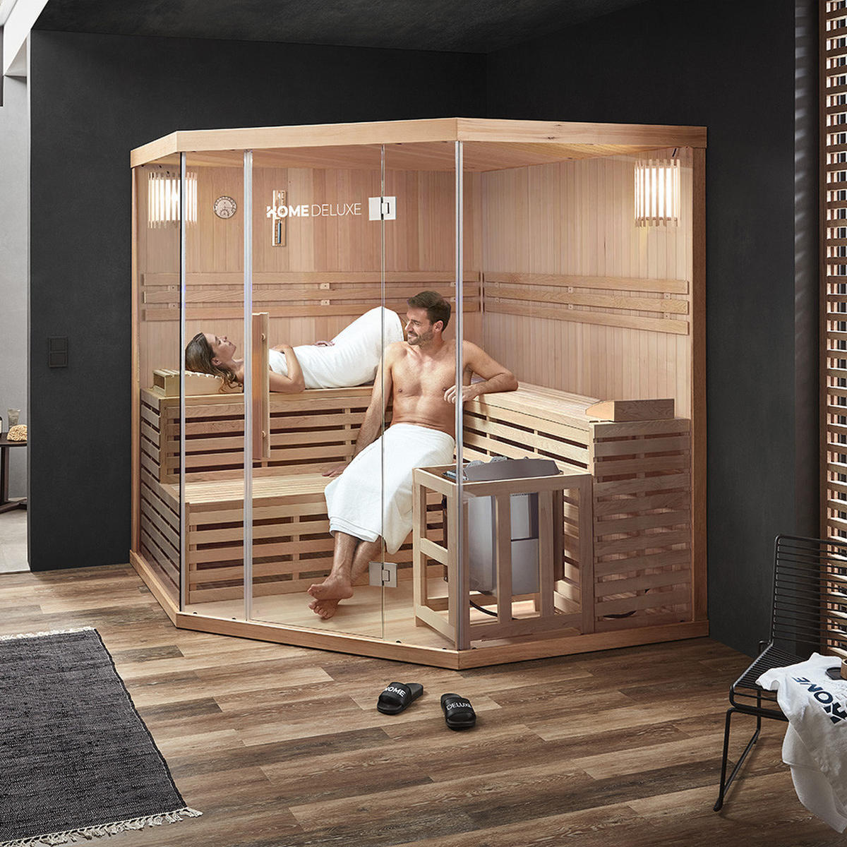 SAUNA SKYLINE BIG XL - Ausstattung: Mit Holzwand, Größe: 200 x 200 x 210 cm - Naturfarben, Holz (200/210/200cm) - Home Deluxe