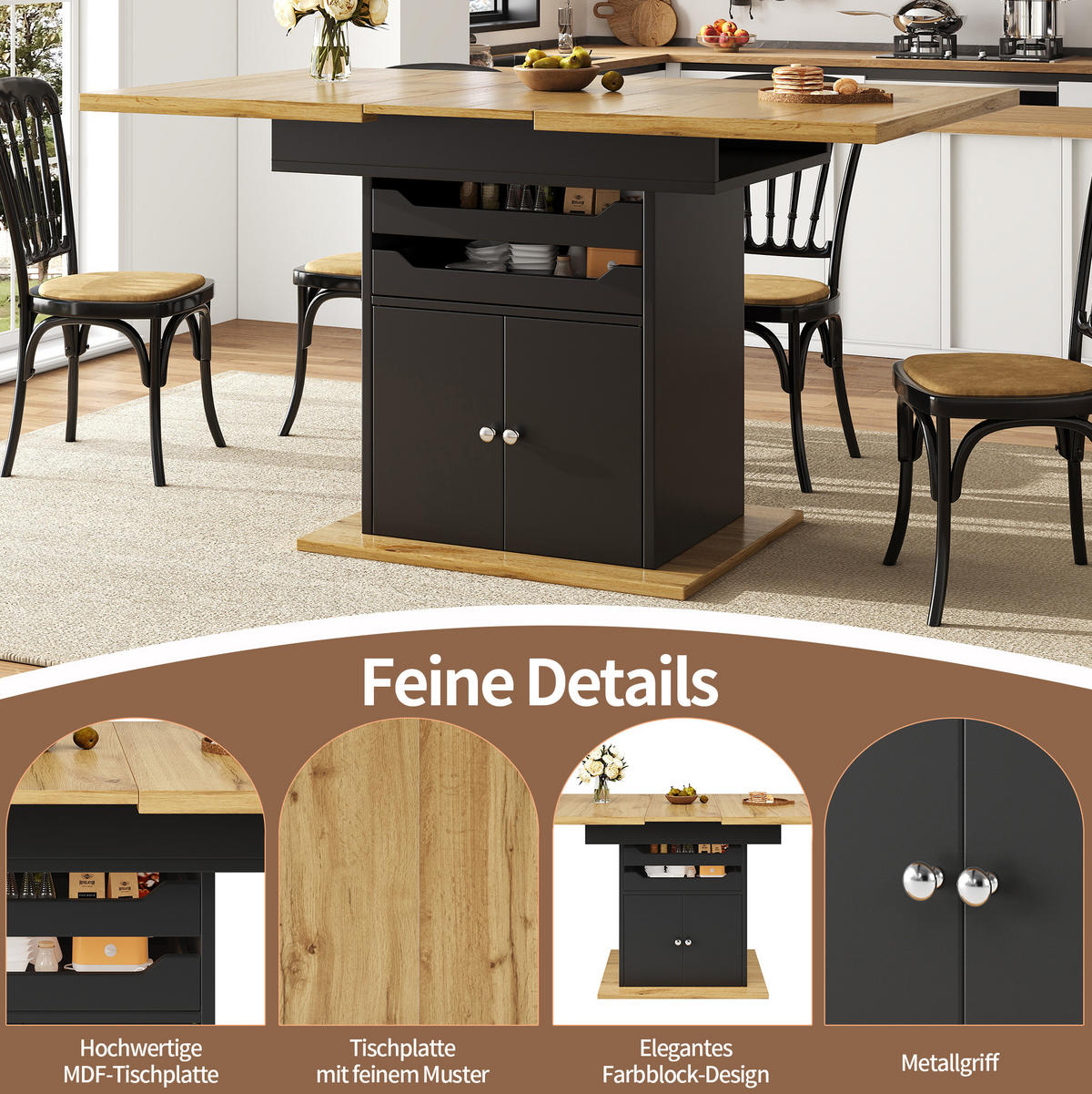 AUSZIEHTISCH 110/140/80 cm Schwarz mit Stauraum Soft-Close aus MDF - Schwarz, Holzwerkstoff (110/80/76cm) - OKWISH