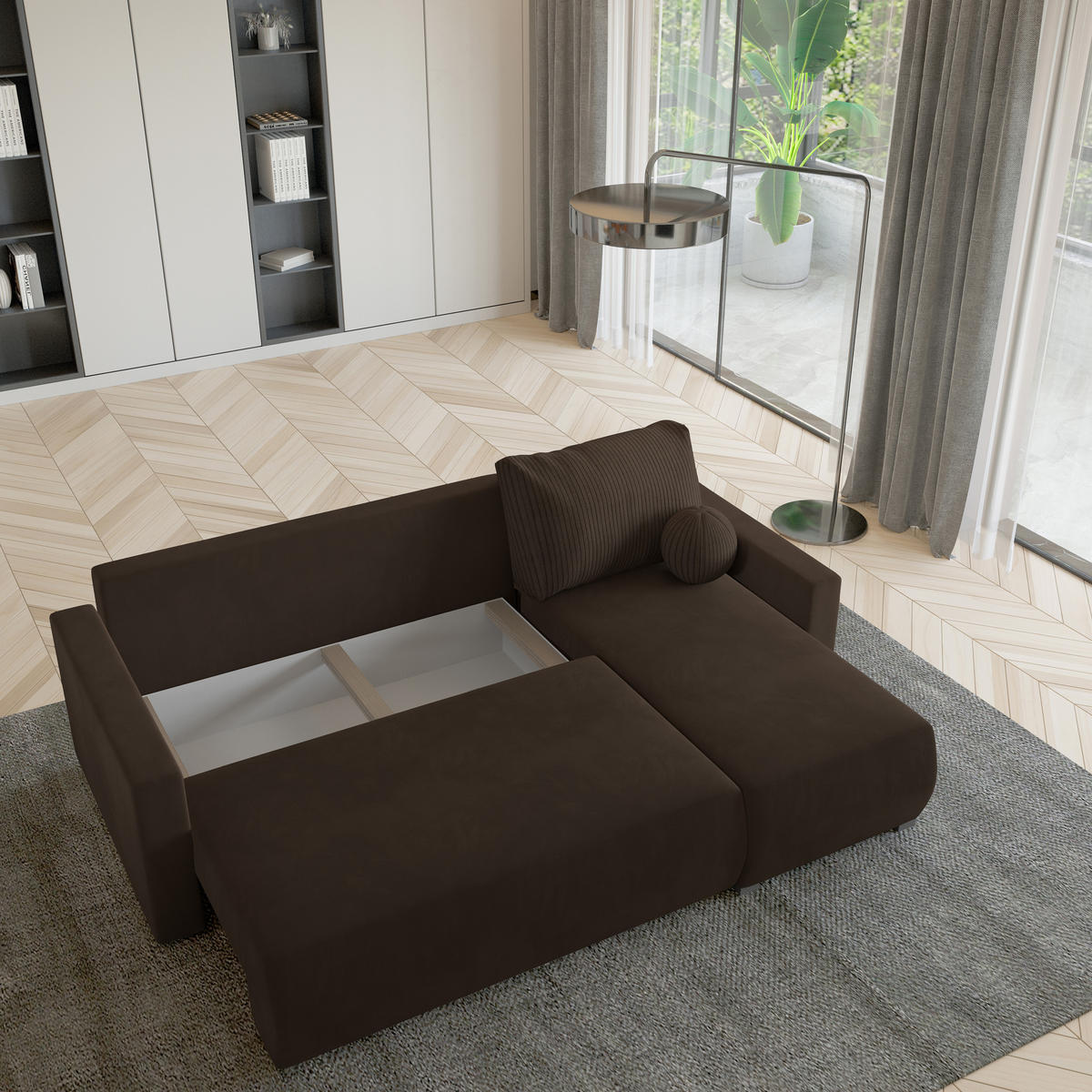 ECKSOFA SORGE Braun Plüsch-Stoff mit Schlaffunktion - Braun, Holz (220/143cm) - MASSENO