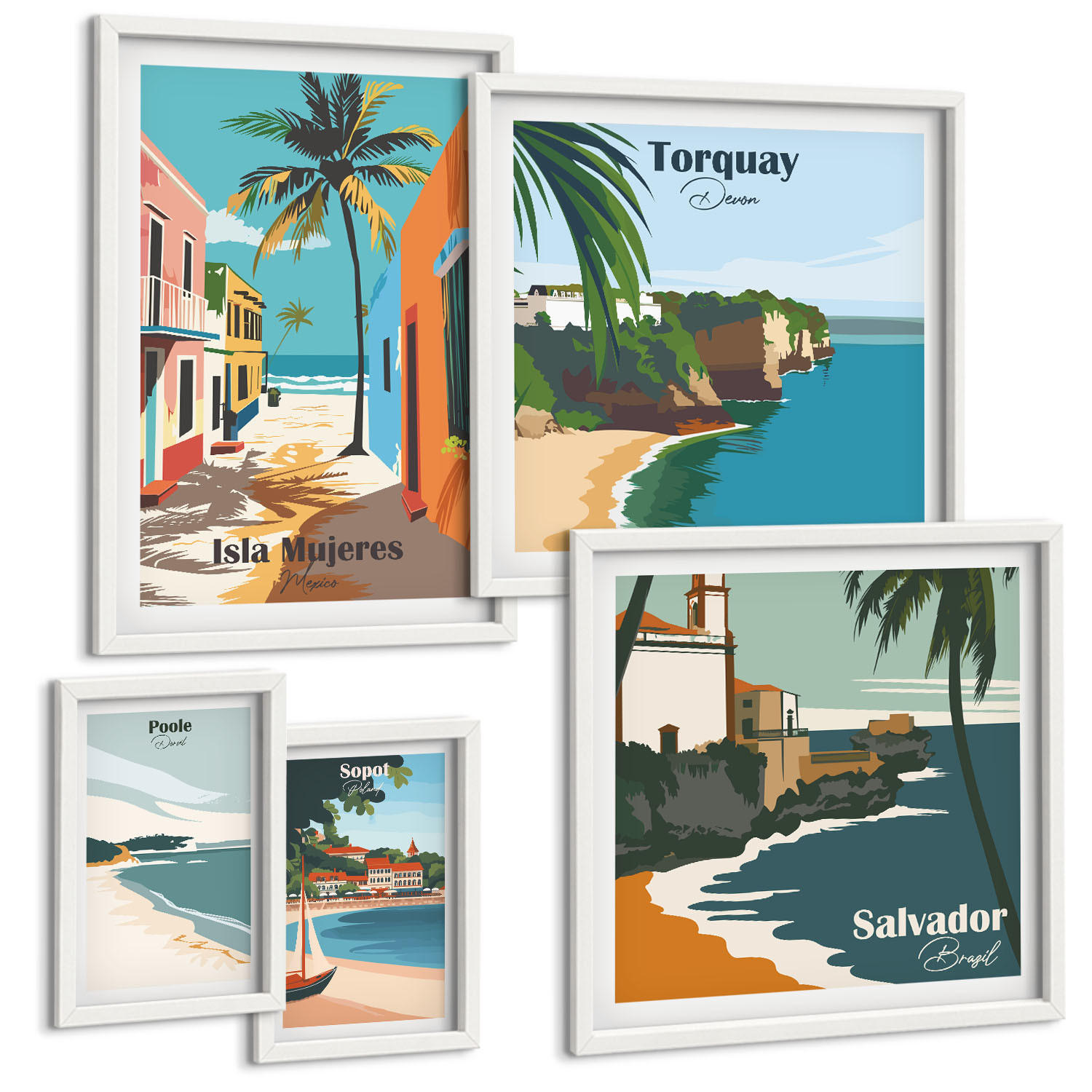 BILDER SET 5er Set - 50x50 cm & 20x30 cm & 40x60 cm Weißer Rahmen - Retro-Ansichten von Städten auf der ganzen Welt - Weiß, Kunststoff (40/60cm) - TULUP