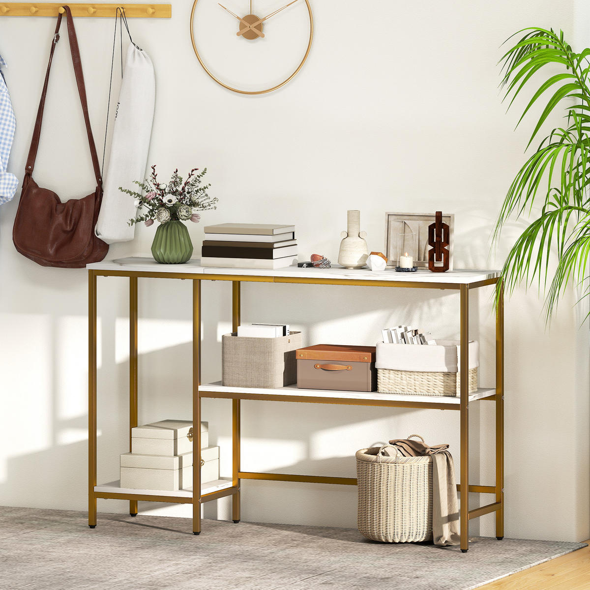 KONSOLENTISCH DE-16805 Marmor-Optik, 3 Ablagen Weiß & Gold - Weiß, Holzwerkstoff (120/30/76.5cm) - ComfortXL