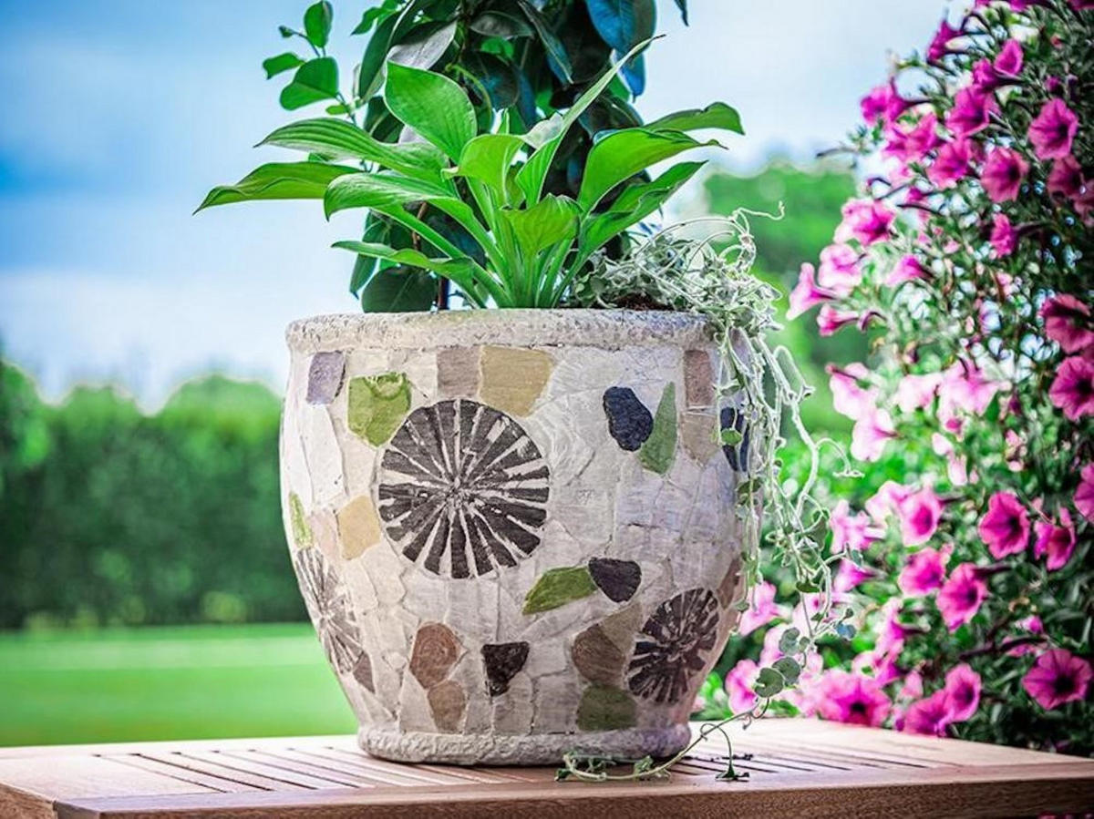 BLÜTENTOPF mit Mosaik, Grau, Keramik, 27,5x27,5x25cm - Grau, Kunststoff (25cm) - PROREGAL