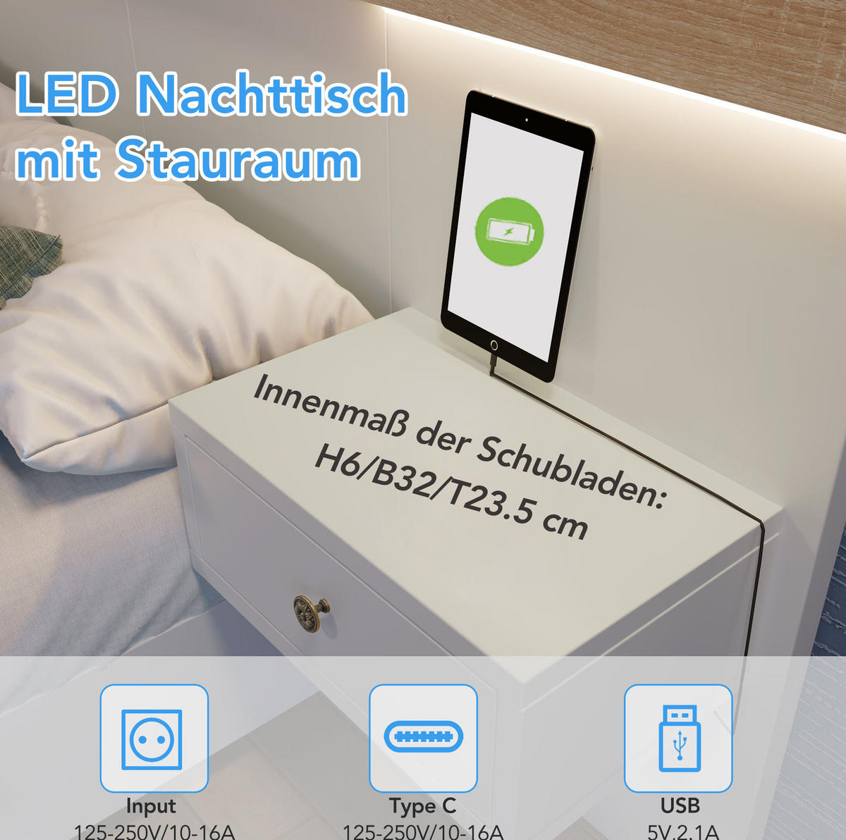 BETT 140/200 cm Weiß/Sonoma-Eiche aus Holzwerkstoff mit 2 LED-Nachtkommoden - Weiß, Holzwerkstoff (140/200cm) - OKMYHOME