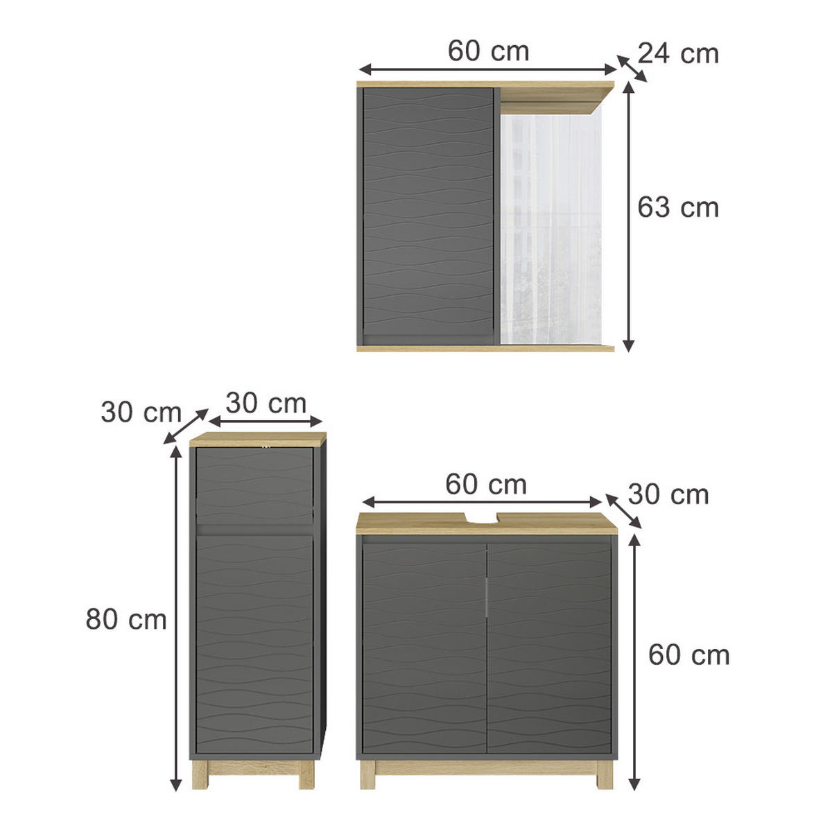BADMÖBEL-SET Livia Anthrazit/Eiche 3 Teile, mit Midischrank - Eichefarben/Anthrazit, Holzwerkstoff (60/60/30cm) - Vicco