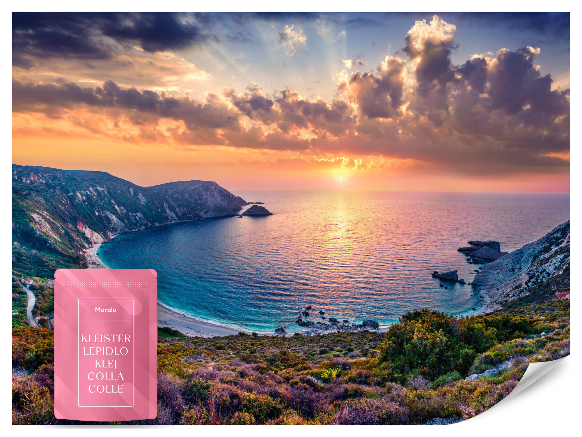 FOTOTAPETE Meer Blumen Sonnenuntergang Landschaft 3D 100x70 - Türkis/Blau, Papier (100/70cm) - Muralo