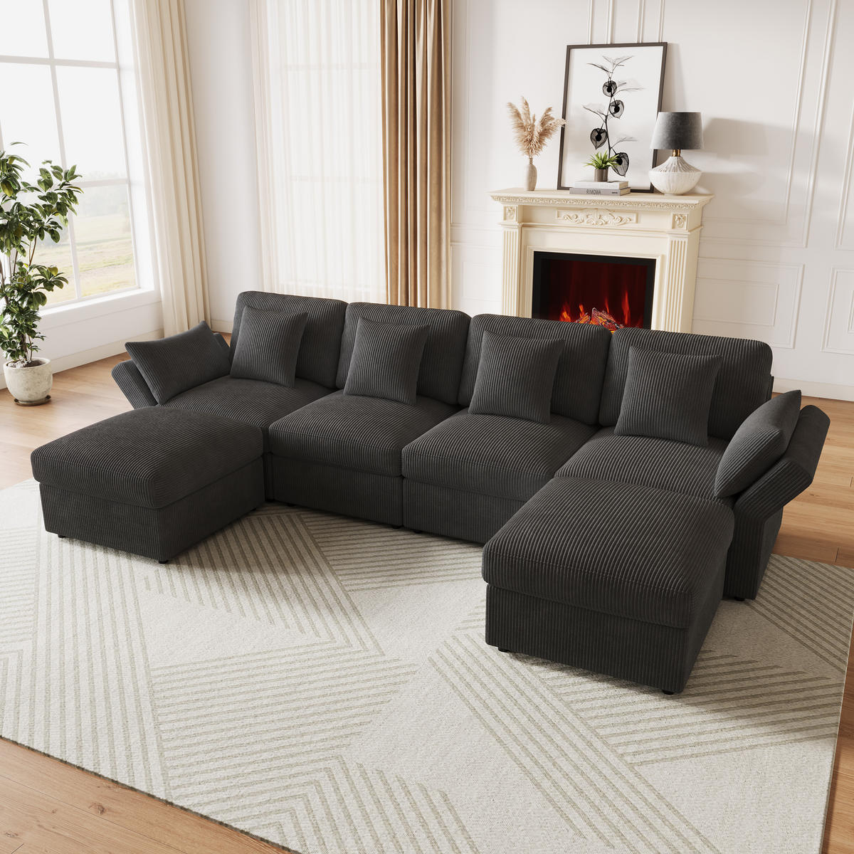 WOHNLANDSCHAFT Cord Grau mit verstellbaren Armlehnen und Hocker - Dunkelgrau, Kunststoff/Textil (290/89/159.5cm) - WISHDOR