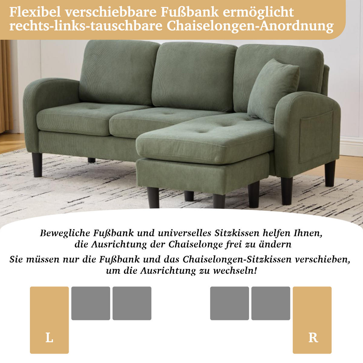 ECKSOFA L-Form Cordbezug mit modularer Chaiselongue Grün 166/118/77 cm - Grün, Textil (166/118cm) - Redom