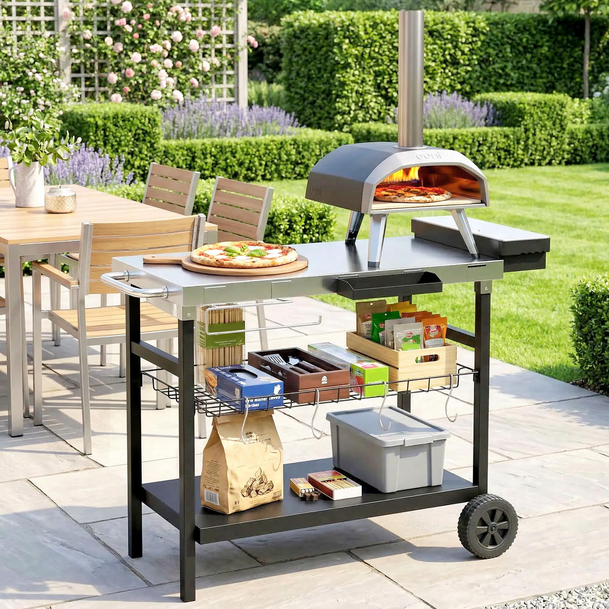 GRILLWAGEN DE-13863 mit 3 Ebenen, Edelstahl-Arbeitsplatte Schwarz - Schwarz, Metall (61/81/114cm) - ComfortXL