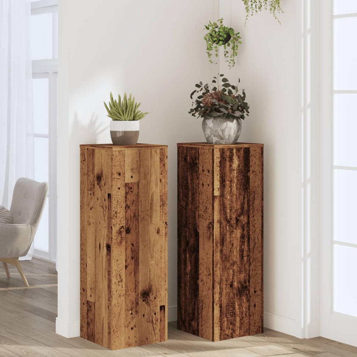 PFLANZENSTÄNDER 2er Set Altholz-Optik 33/33/100 Cm Holzwerkstoff - Braun, Holzwerkstoff (33/100/33cm) - vidaXL