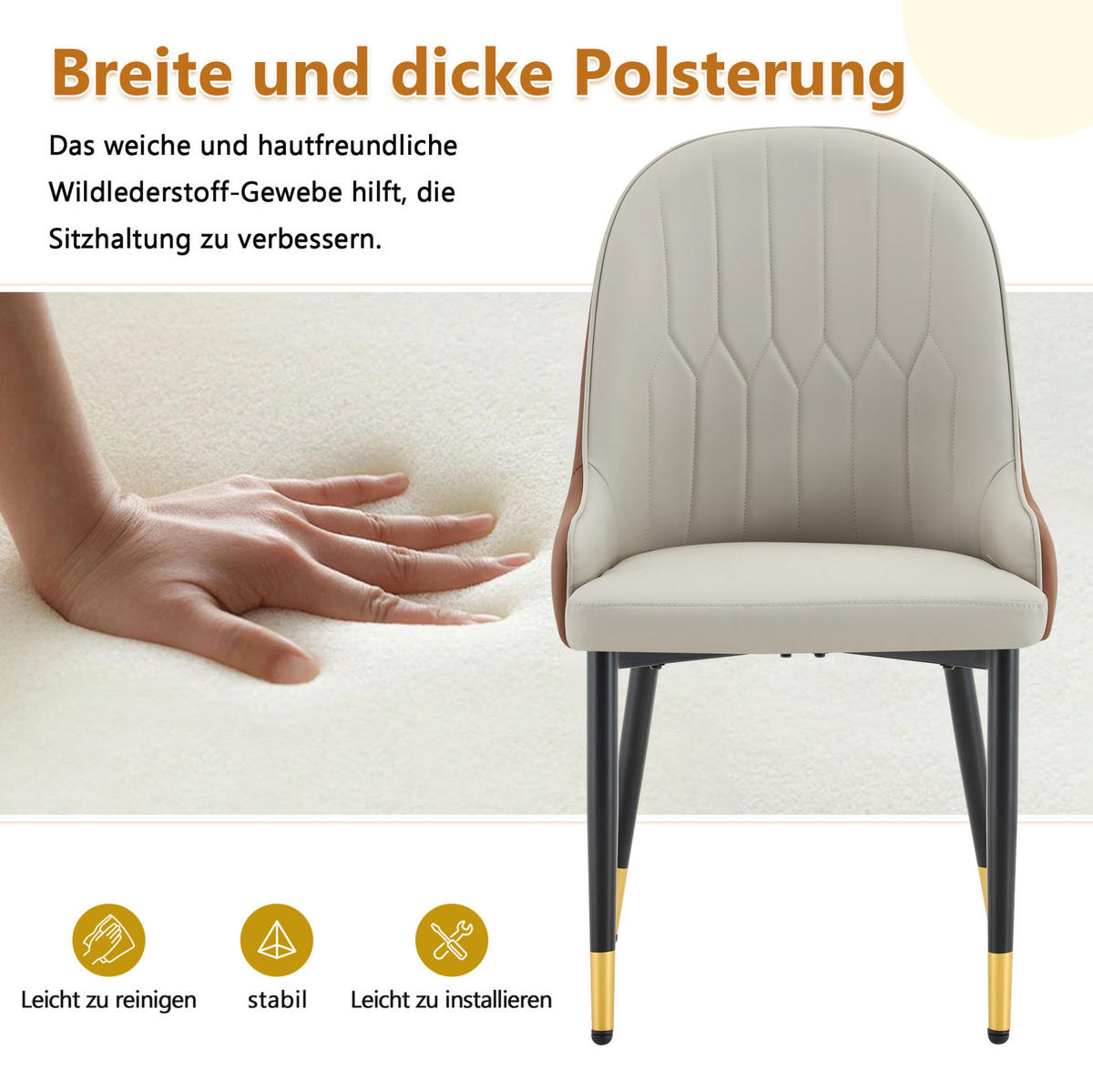 STUHL 2er-Set 91 cm PU-Bezug Warmgrau Metallbeine - Grau, Metall (44/91/47.3cm) - Meubliv