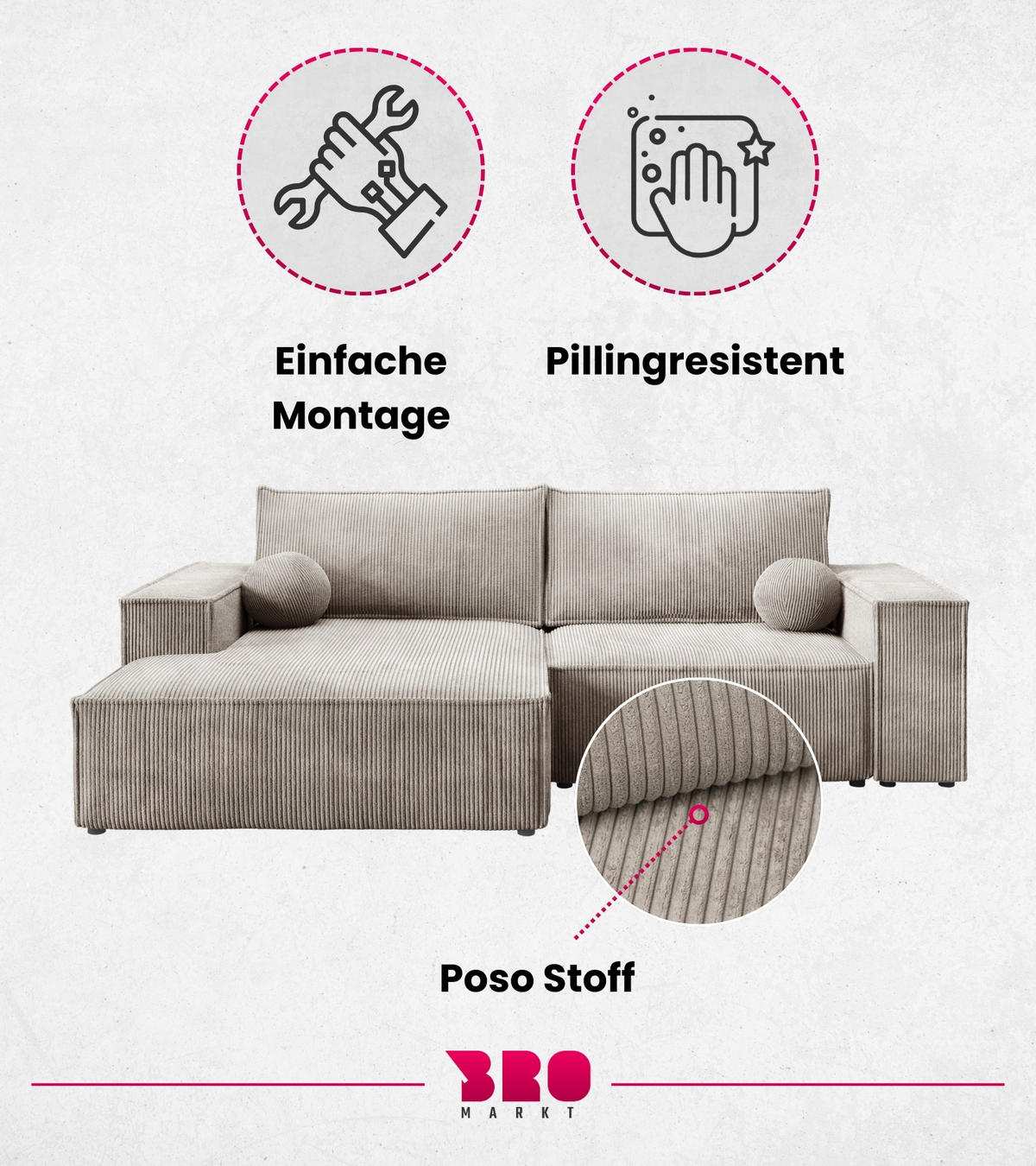 ECKSOFA Pablo Mini mit Schlaffunktion Beige Cord - Beige, Textil (255/148cm) - Bromarkt