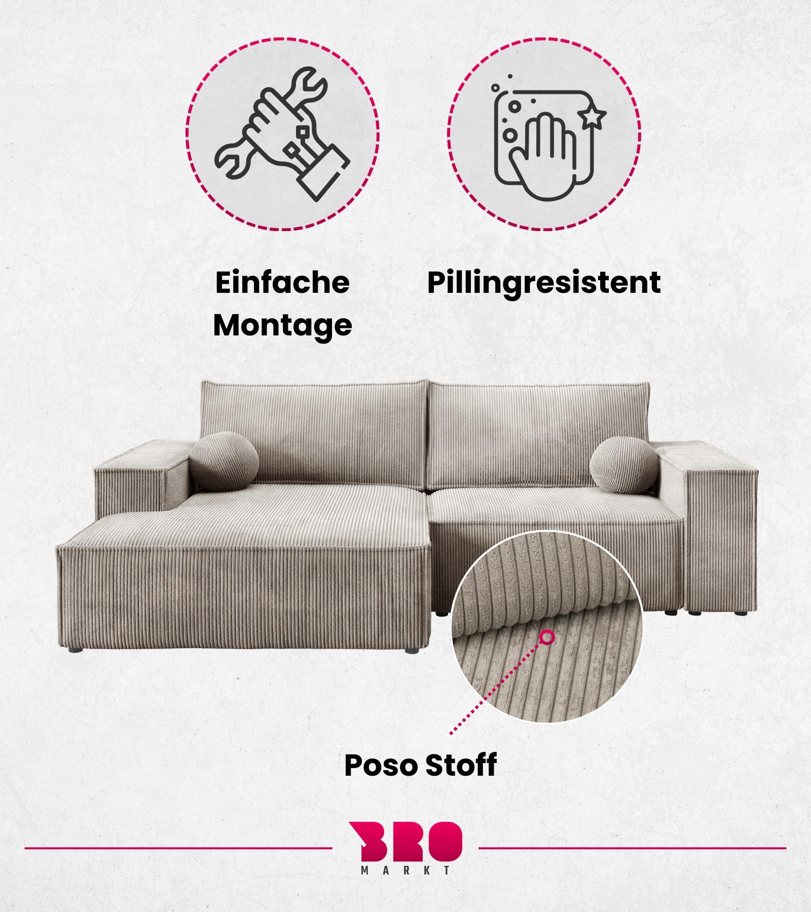 Thumbnail - Bromarkt Ecksofa, Beige, Textil, 3-Sitzer, Ottomane rechts, L-Form, 255x148 cm, Wohnzimmer, Sofas & Couches, Wohnlandsch...