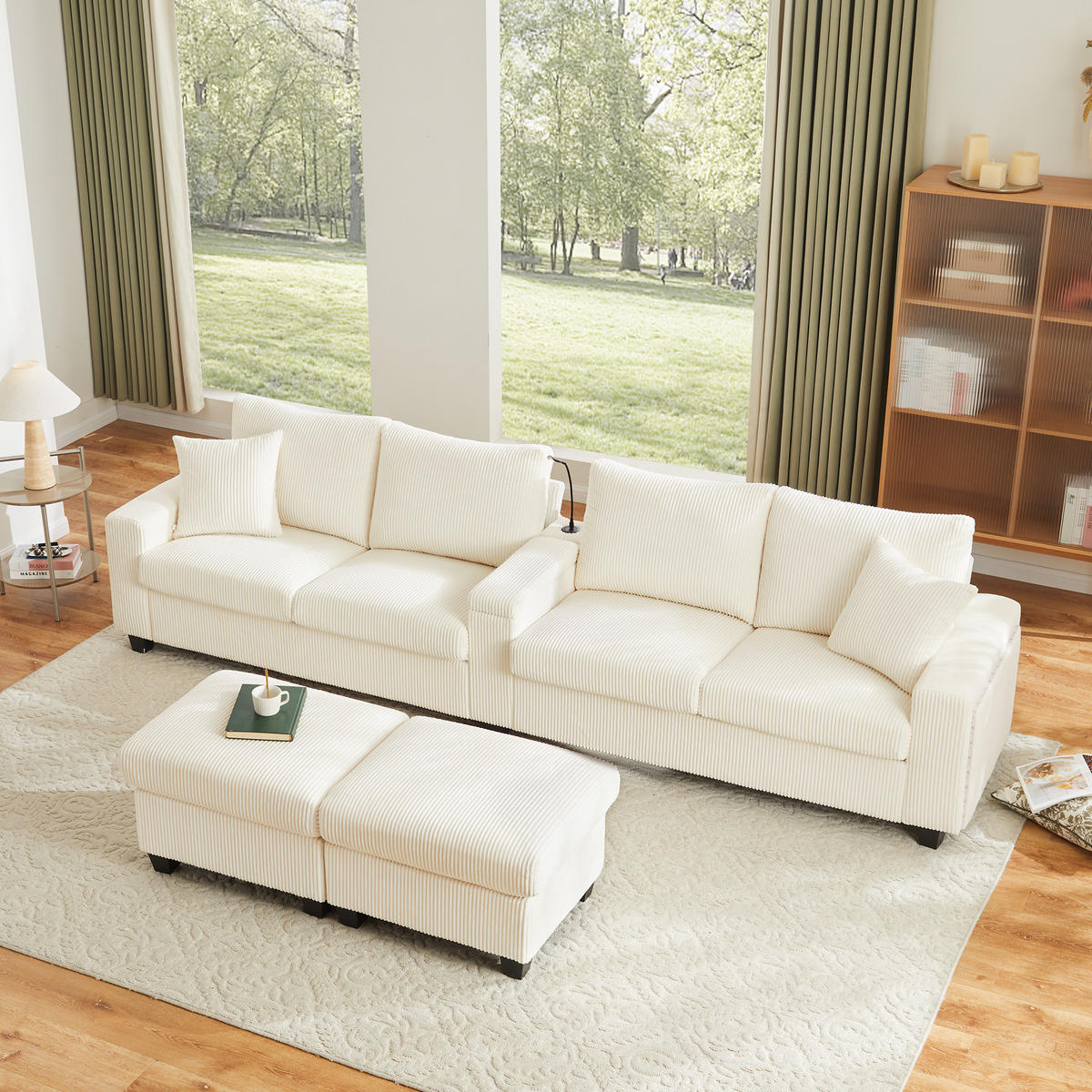SOFA, U-Form, 2 Hocker, LED-Beleuchtung, Beige, 334x128.5x81cm - Beige, Textil (128.5/81/334cm) - FLIEKS