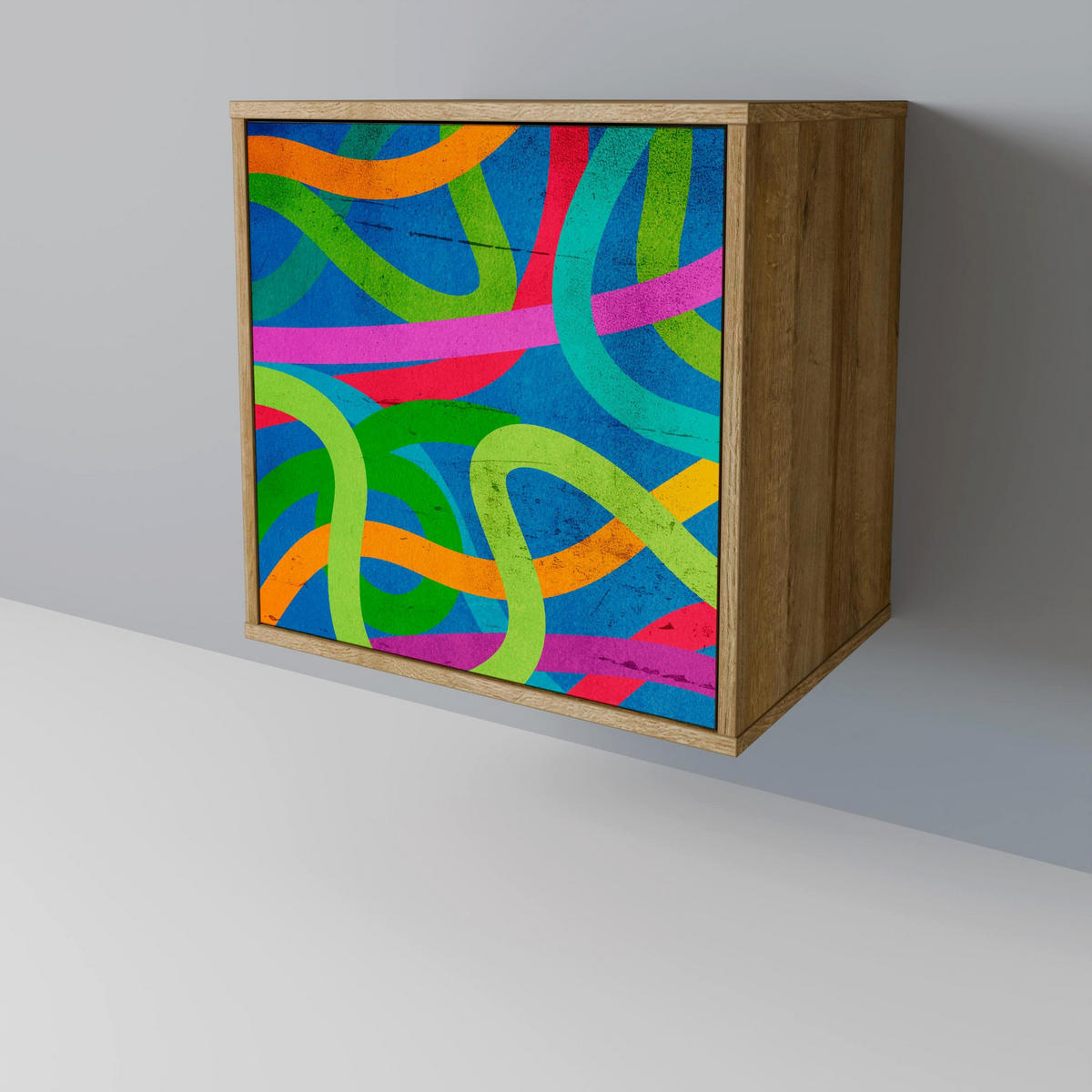 SIDEBOARD STREAMER TANGLE, Eichefarben, 57,5x42x70,5 cm, Schwarze Metall-Sternfüße - Eichefarben/Multicolor, Holzwerkstoff/Metall (57.5/70.5/42cm) - SpaceRebels