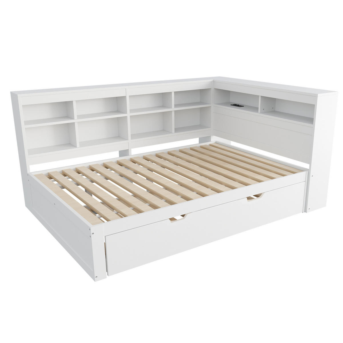 BETT aus Holz 140x200 cm Weiß mit Ausziehbett, USB-Anschluss und Stauraum - Weiß, Holzwerkstoff (140/200cm) - Modfu