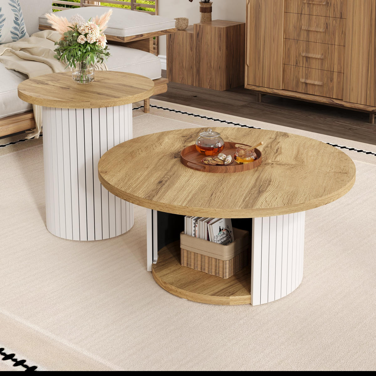 COUCHTISCH-SET 75/75/50 cm & 45/45/35 cm in Natur mit Ablage - Naturfarben, Holzwerkstoff (75/75/35cm) - Flora Grace