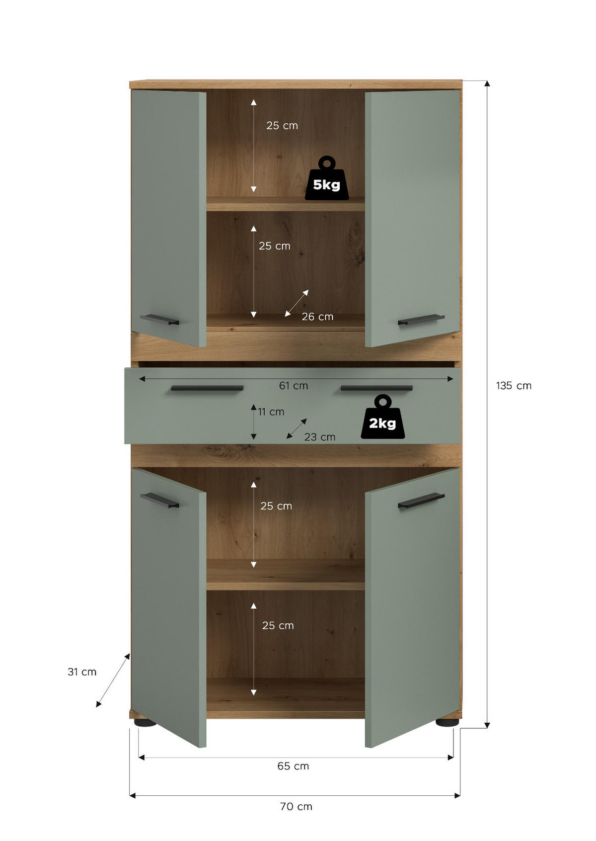 MIDISCHRANK Salbei, Artisan Eiche 70 x 137 cm, Badschrank mit vielen Fächern - Salbeigrün/Schwarz, Holzwerkstoff/Kunststoff (70/135/31cm) - Inn.Furn