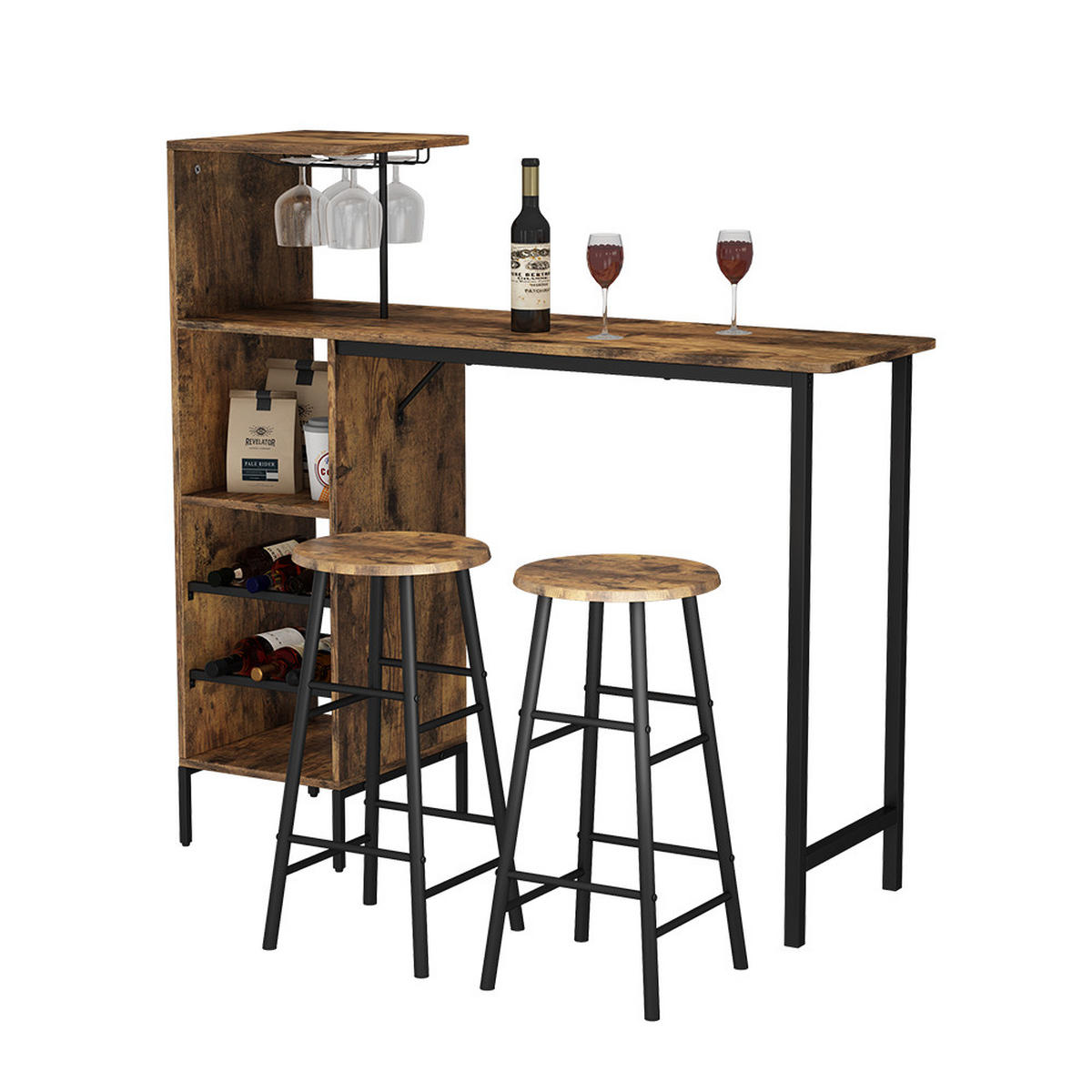 BARTISCH-SET Fyrk Schwarz/Eiche rustikal 121.5 x 40 cm mit 2 Hocker - Wildeiche/Schwarz, Holzwerkstoff (121.5/120/40cm) - Vicco