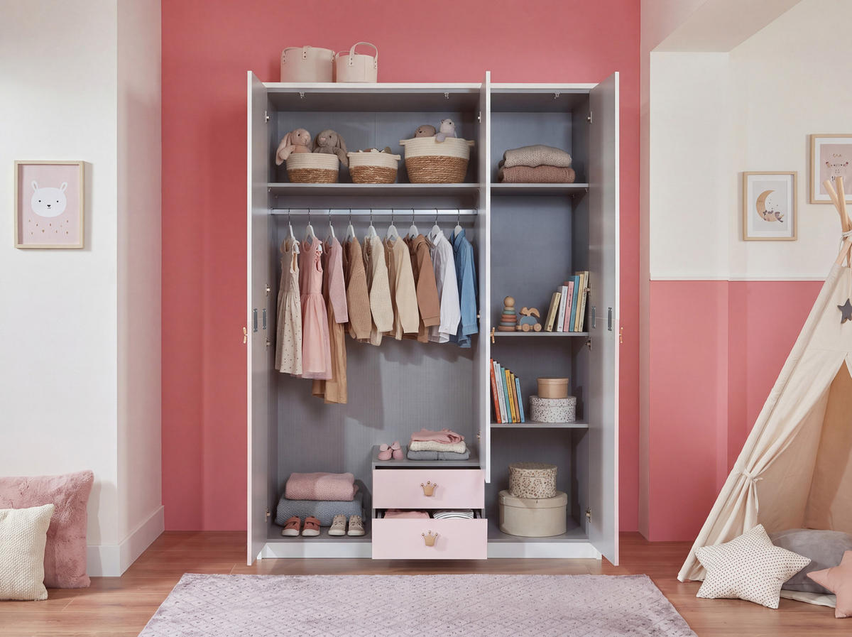 BABYZIMMER Cindy in Weiß und Rosé 8 teilig mit 3 türigem Kleiderschrank - Weiß, Holzwerkstoff (120/200/80cm)