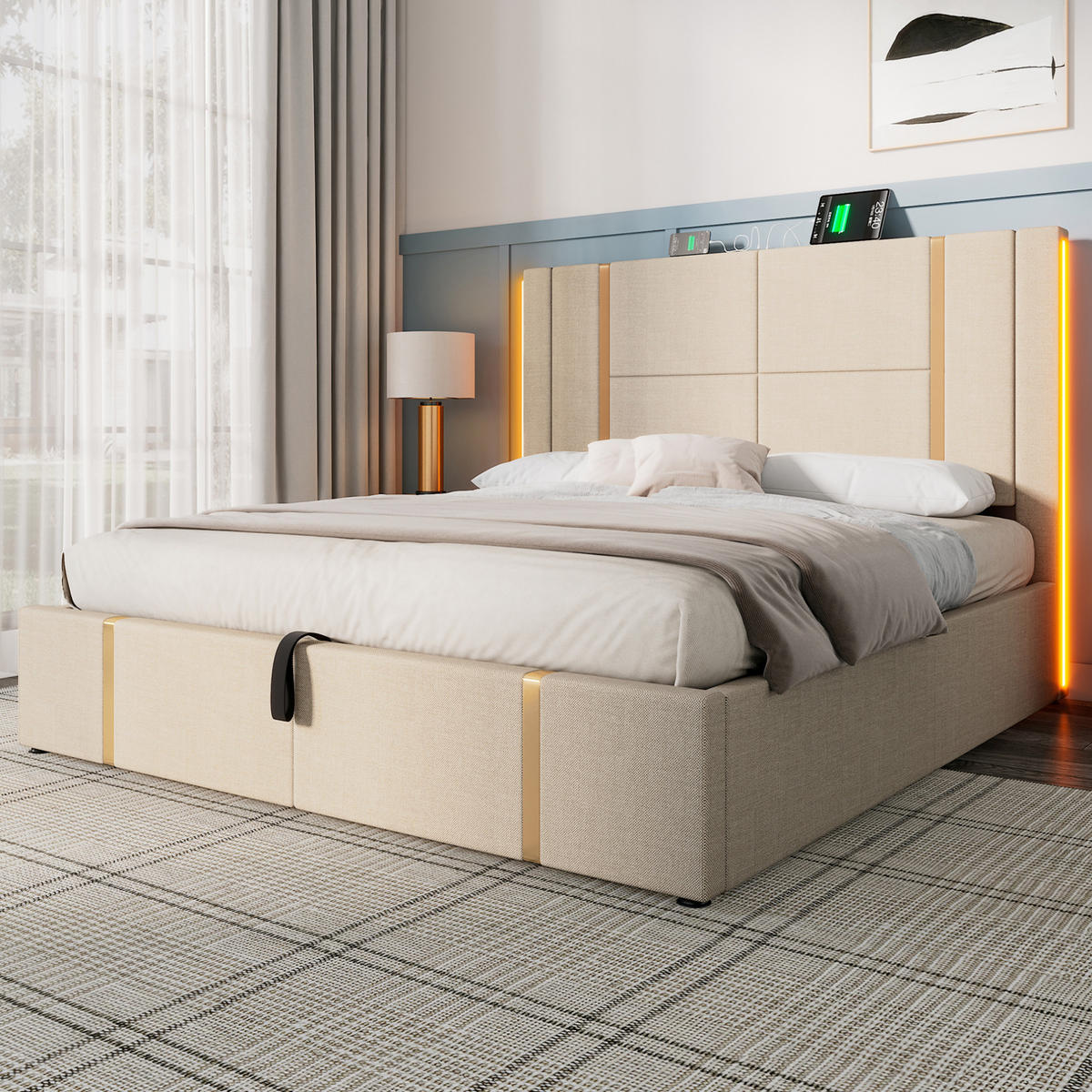 POLSTERBETT mit Stauraum LED USB/Type-C 180x200 cm Beige - Beige, Metall (180/200cm) - Meubliv
