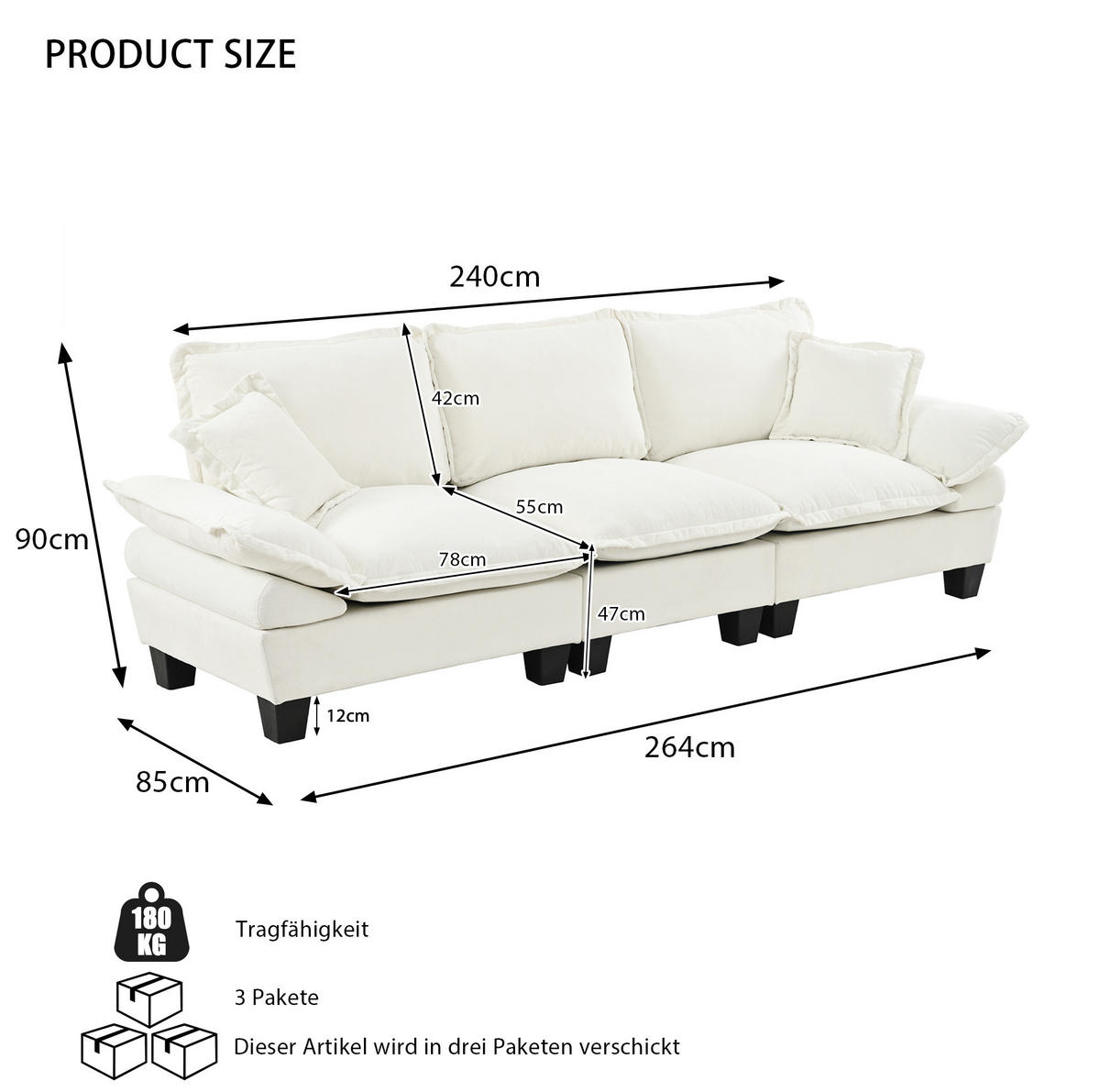3-SITZER Sofa 263/82/90 cm mit geschwungenen Armlehnen, Chenille-Bezug und modularem Design, Beige - Beige, Textil (263/90/82cm) - Redom