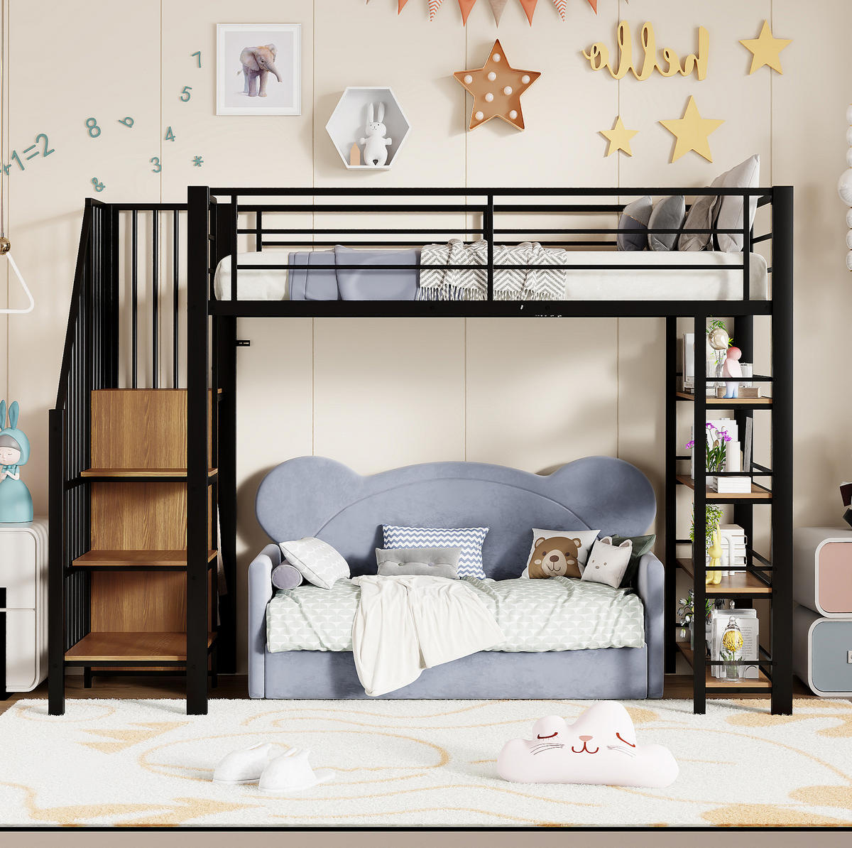 HOCHBETT 90/200 cm Schwarz mit Sicherheitstreppe und Stauraum mit Matratze - Schwarz, Metall (90/200cm) - OKWISH