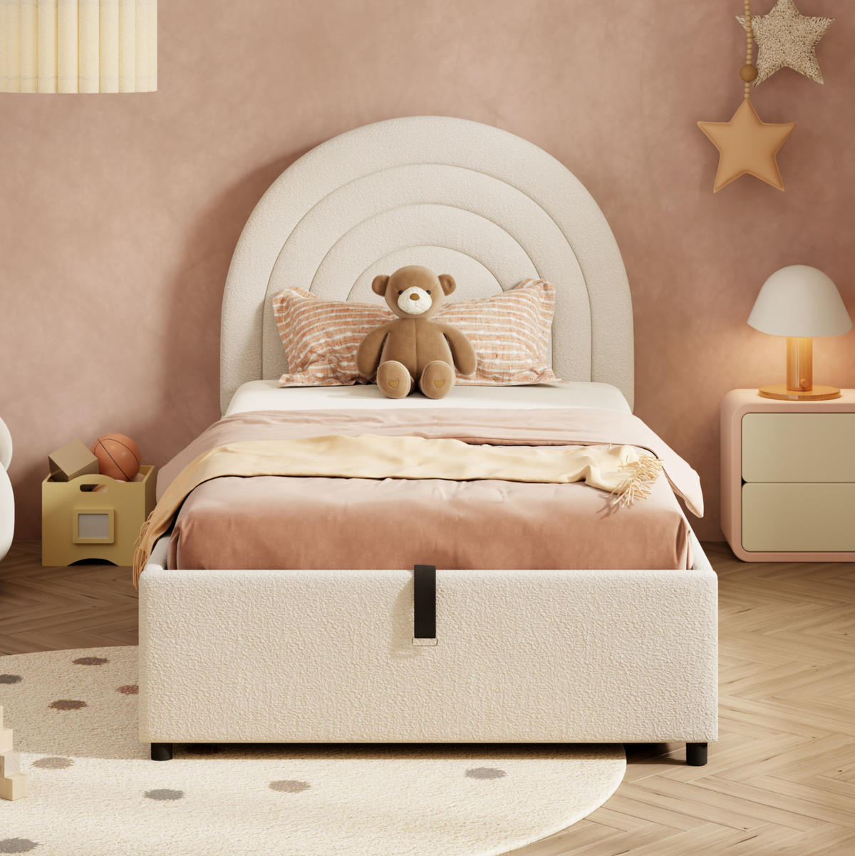 POLSTERBETT 90/200 cm mit hydraulischem Stauraum, eingebettetem Matratzenbereich und Bouclé-Bezug, Beige - Beige, Textil (90/200cm) - Redom