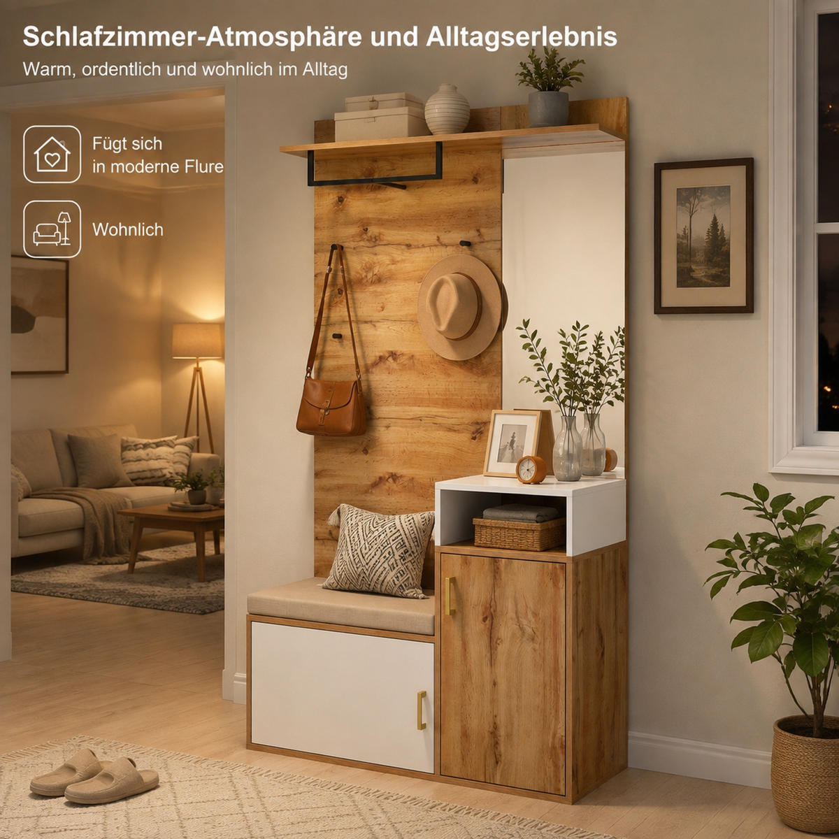 GARDEROBENSET 105/40/190,5 cm aus MDF und Spanplatte mit Spiegel und Sitzbank Weiß/Holzfarben - Weiß, Holzwerkstoff (105/190.5/40cm) - Modenvie