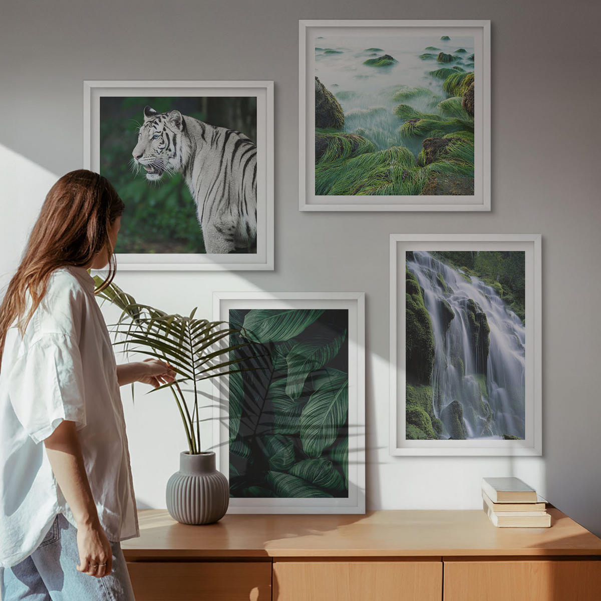 WANDBILDER 4er-Set - 50x50 cm & 40x60 cm Weißer Rahmen - Blätter des Weißen Tigerwasserfalls - Weiß, Kunststoff (50/50cm) - ArtPrintCave
