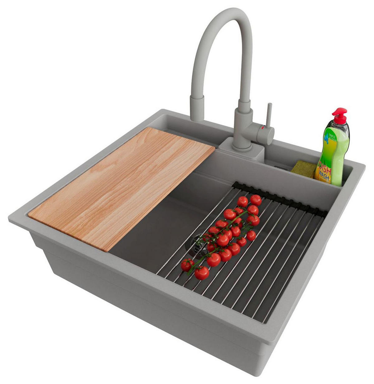 UNTERBAUSPÜLE GRANIT Bergen Pocket, 2-er set Grau 56/54 cm 1 Becken + Küchenarmatur 38/14 cm + Ablauf-Set + Küchenzubehörset ab 60er Unterschrank - Chromfarben/Beige, Kunststoff (56/20/54cm) - Primagran