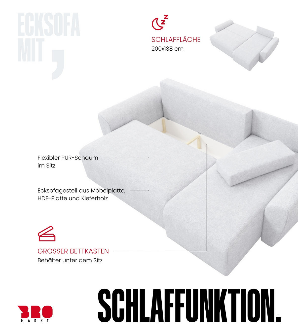 ECKSOFA Rotterdam mit Schlaffunktion Beige Bouclé - Creme, Textil (238/141cm) - Bromarkt