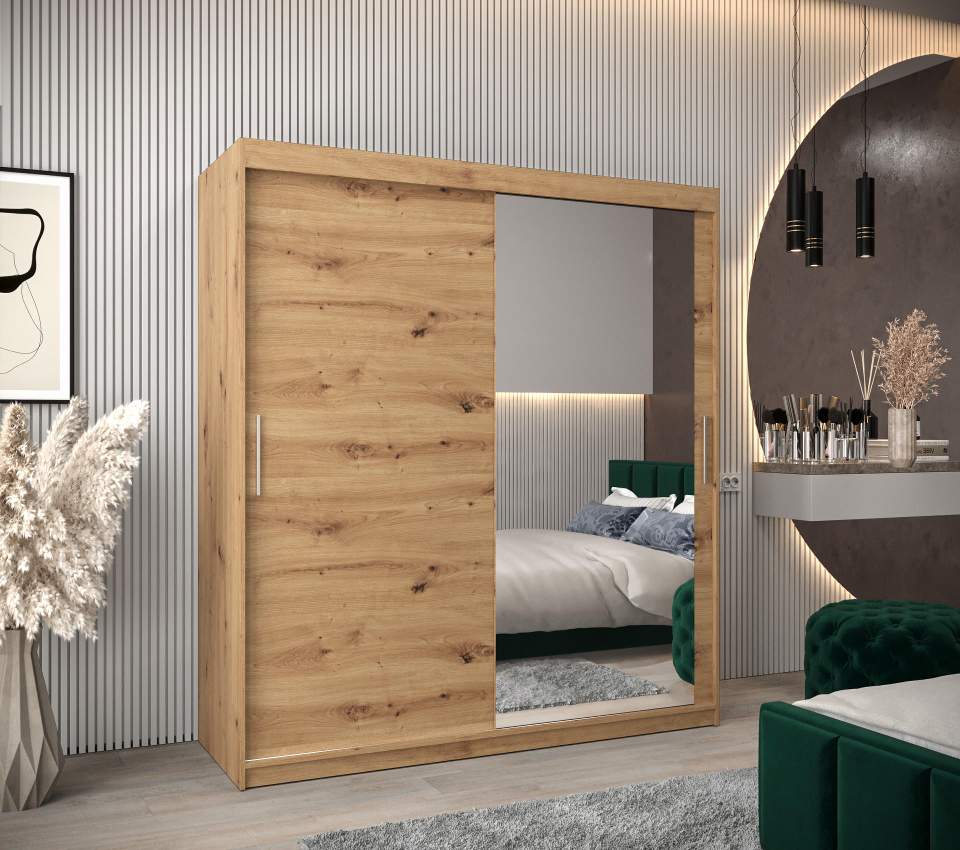 SCHWEBETÜRENSCHRANK 200/180/62 2-türig - Silberfarben/Eiche Artisan, Holz/Kunststoff (180/200/62cm) - Abiks Möbel